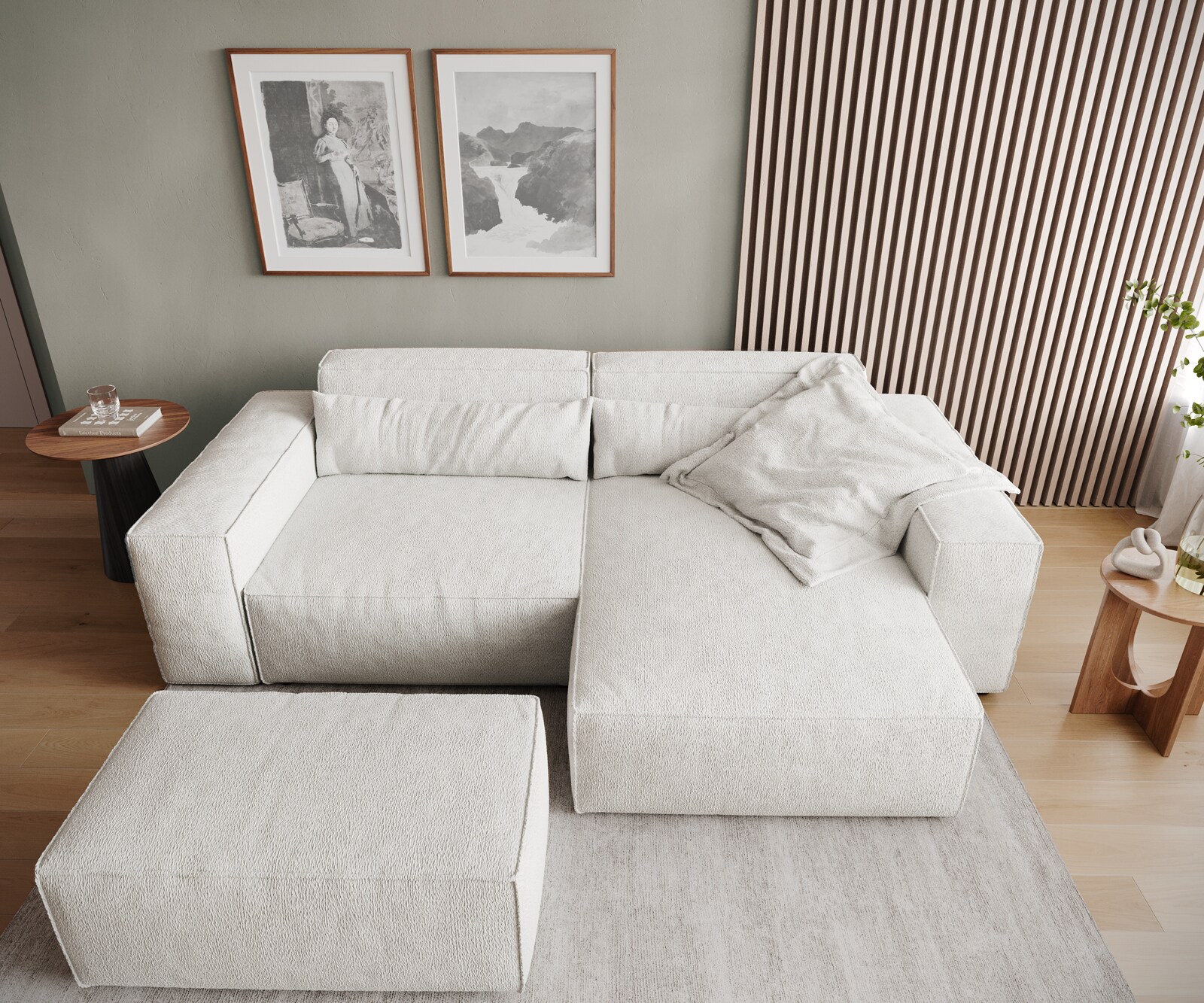 Ecksofa Sirpio 230x155 cm Bouclé Creme-Weiß Recamiere variabel mit Hocker 5