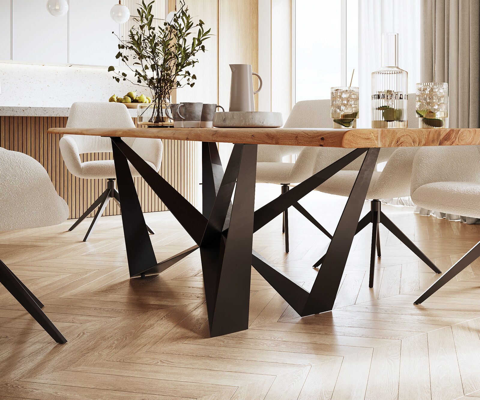 Esstisch Edge 300x100 Akazie Natur Spider Flachstahl Schwarz Live-Edge 4