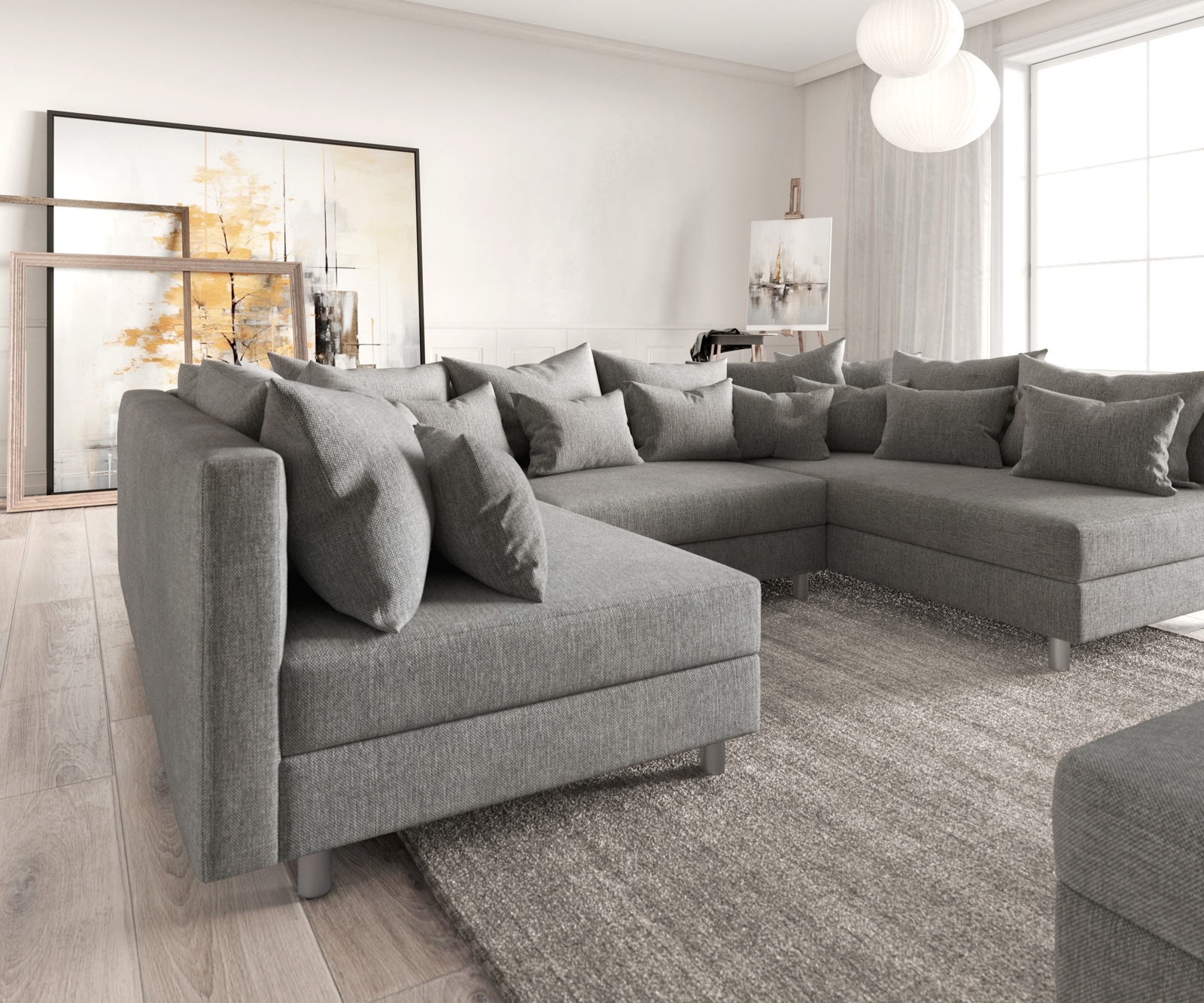 Wohnlandschaft Clovis Grau modular Flachgewebe Hocker  6 Wohnlandschaft Clovis Grau modular Flachgewebe Hocker  6