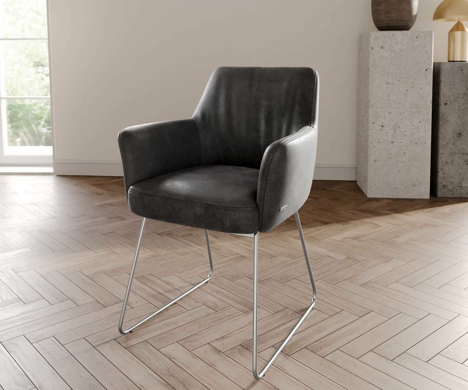 Esszimmerstuhl Xana-Flex mit Armlehnen Mikrofaser Anthrazit Vintage Kufengestell Edelstahl Taschenfederkern Esszimmerstuhl Xana-Flex mit Armlehnen Mikrofaser Anthrazit Vintage Kufengestell Edelstahl Taschenfederkern