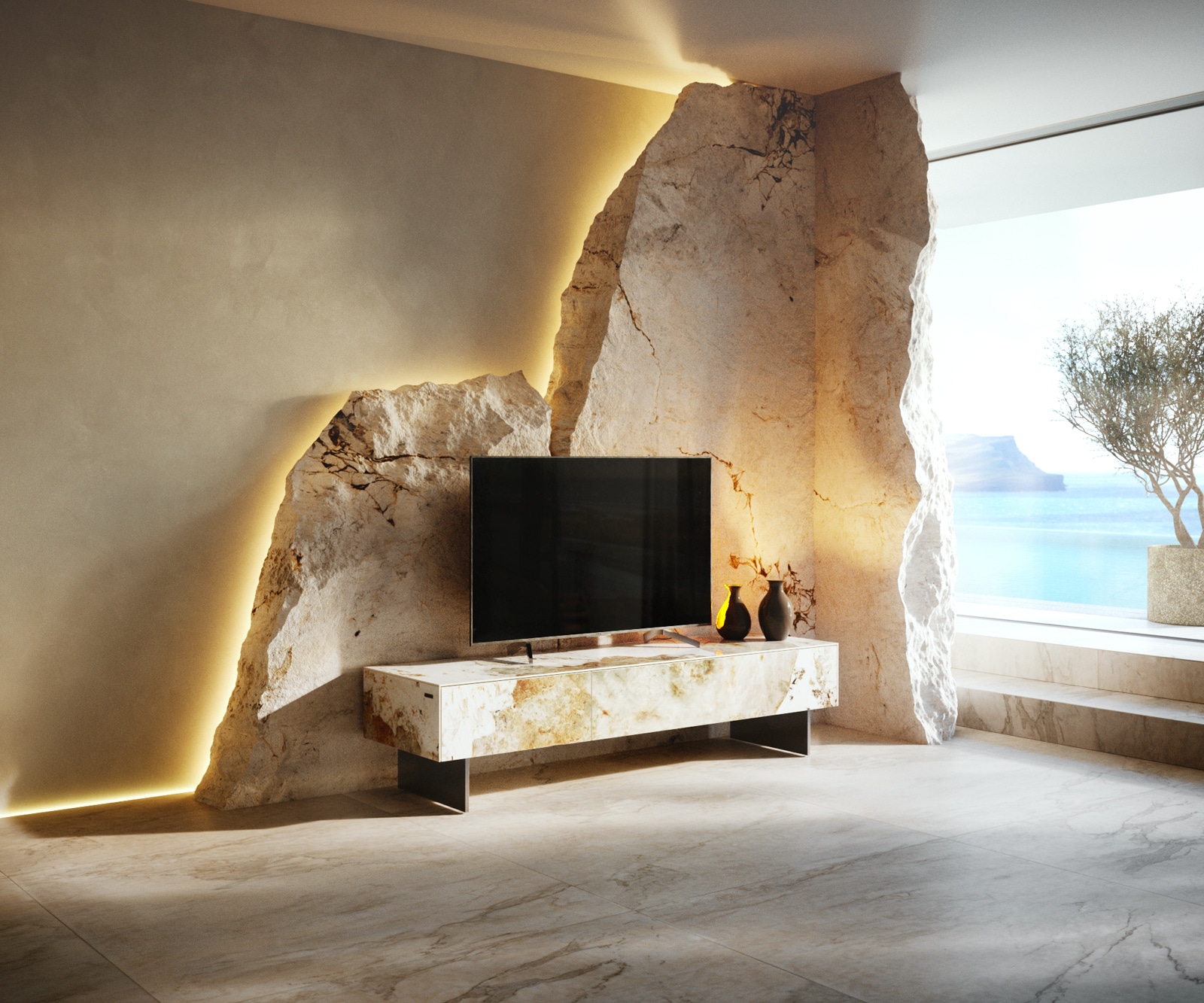 Lowboard Cuor 150 cm Keramik Minas Melange Weiß-Beige 1 Klappe 1 Schubfach Fuß Schwebeoptik Edelstahl 1 Lowboard Cuor 150 cm Keramik Minas Melange Weiß-Beige 1 Klappe 1 Schubfach Fuß Schwebeoptik Edelstahl 1