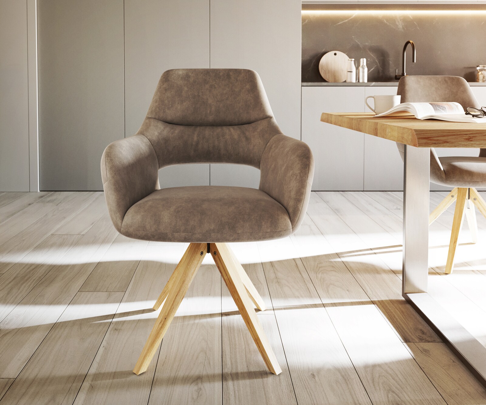 Esszimmerstuhl Yago-Flex mit Armlehnen Mikrofaser Taupe Vintage Holzgestell kantig Natur Taschenfederkern 1