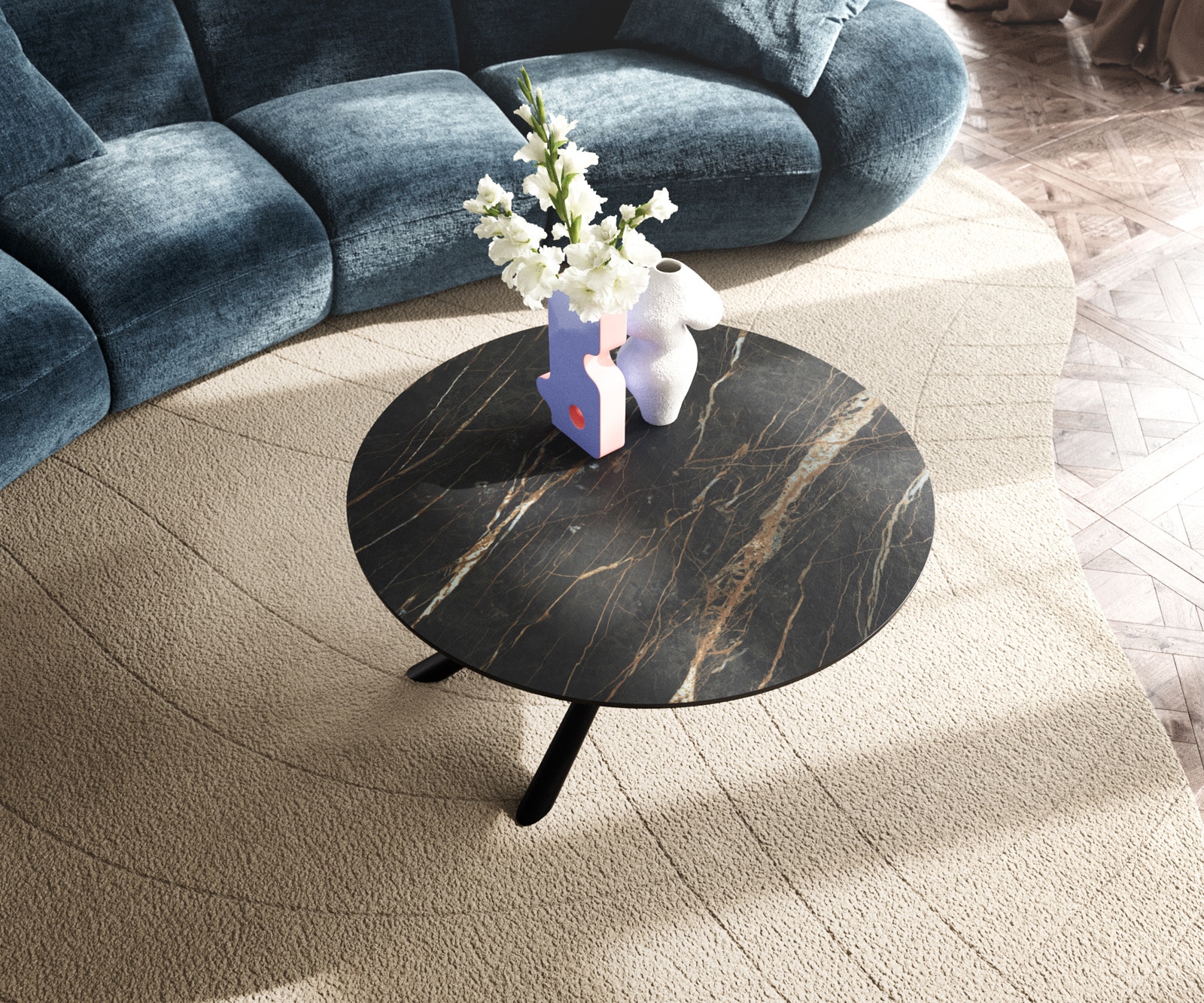 Couchtisch Edge Rund 90x90 cm Keramik Laminam® Noir Desir Braun Sarity Metall Schwarz 3
