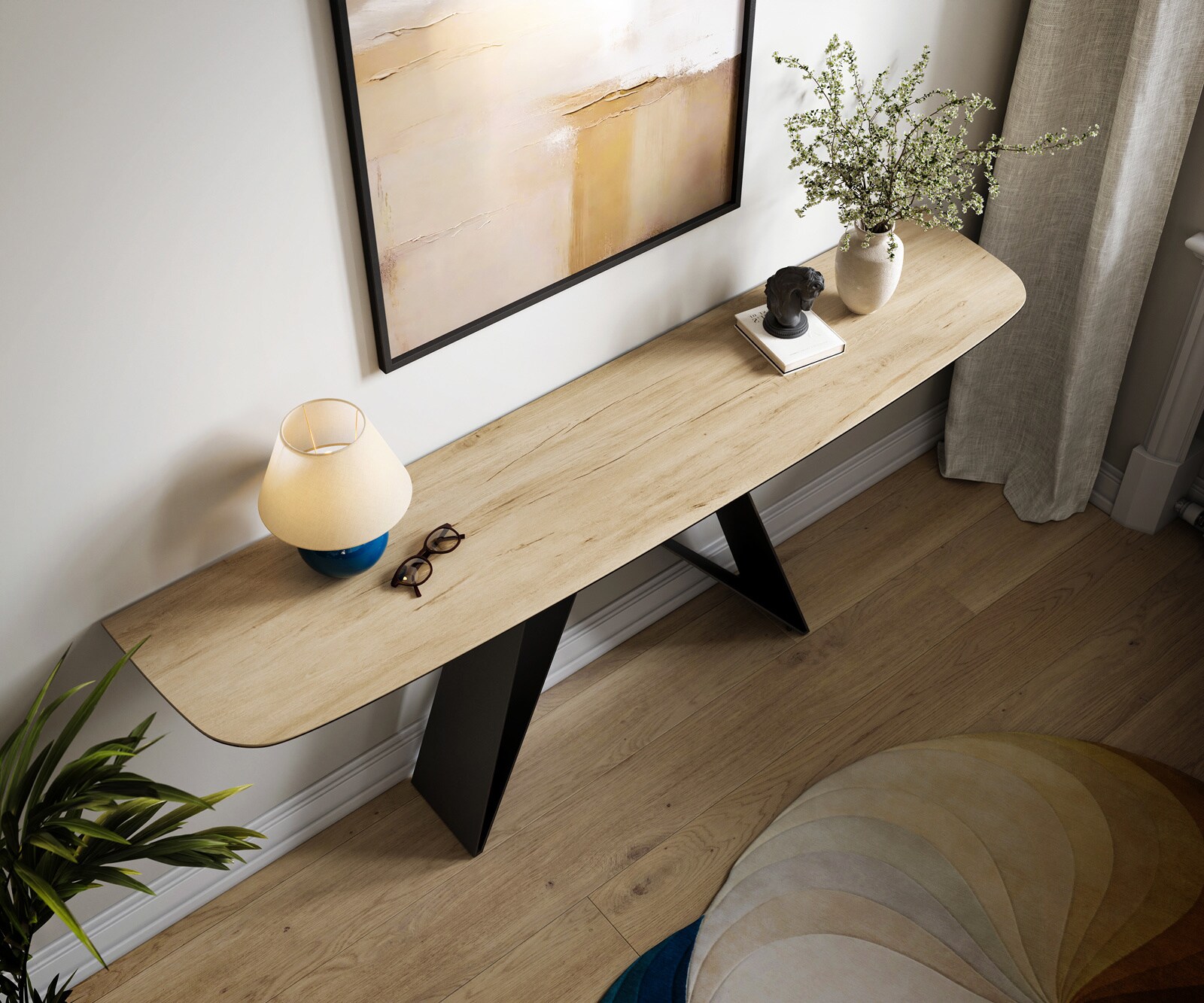 Konsolentisch Edge Boot 180x40 cm Keramik Laminam® Sabbia Eichefarbig Velio Metall Schwarz 1