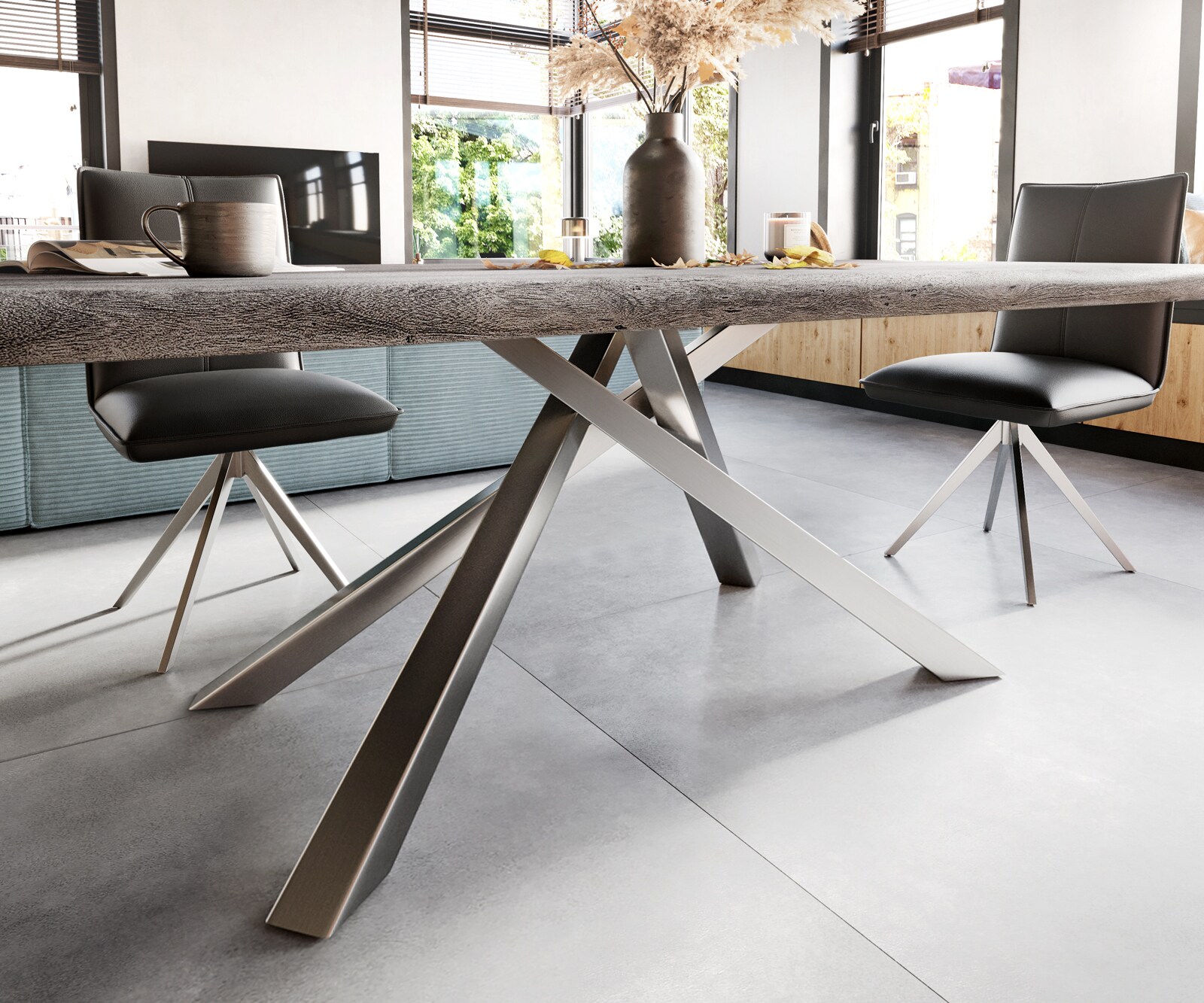 Esstisch Edge 200x100 XL Akazie Platin Kreuzgestell Rechteck Edelstahl Live-Edge 4