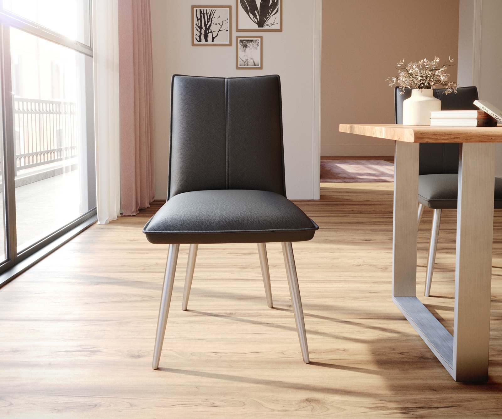 Esszimmerstuhl Lelio-Flex Echt-Leder Schwarz 4-Fuß konisch Edelstahl Taschenfederkern 1 Esszimmerstuhl Lelio-Flex Echt-Leder Schwarz 4-Fuß konisch Edelstahl Taschenfederkern 1