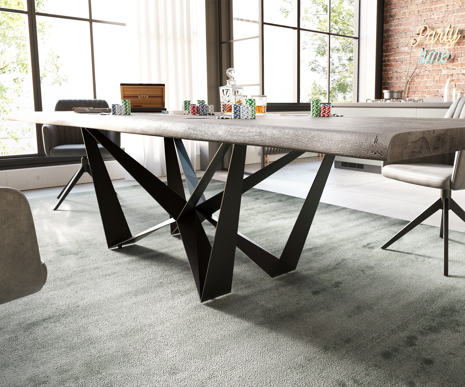Esstisch Edge 300x100 XL Akazie Platin Spider Flachstahl Schwarz Live-Edge 3 Esstisch Edge 300x100 XL Akazie Platin Spider Flachstahl Schwarz Live-Edge 3