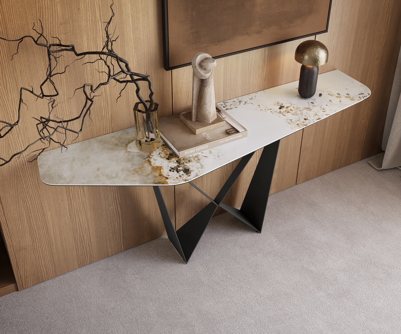 Konsolentisch Edge Polygonal 180x50 cm Keramik Minas Melange Weiß-Beige Spios Metall Schwarz 1