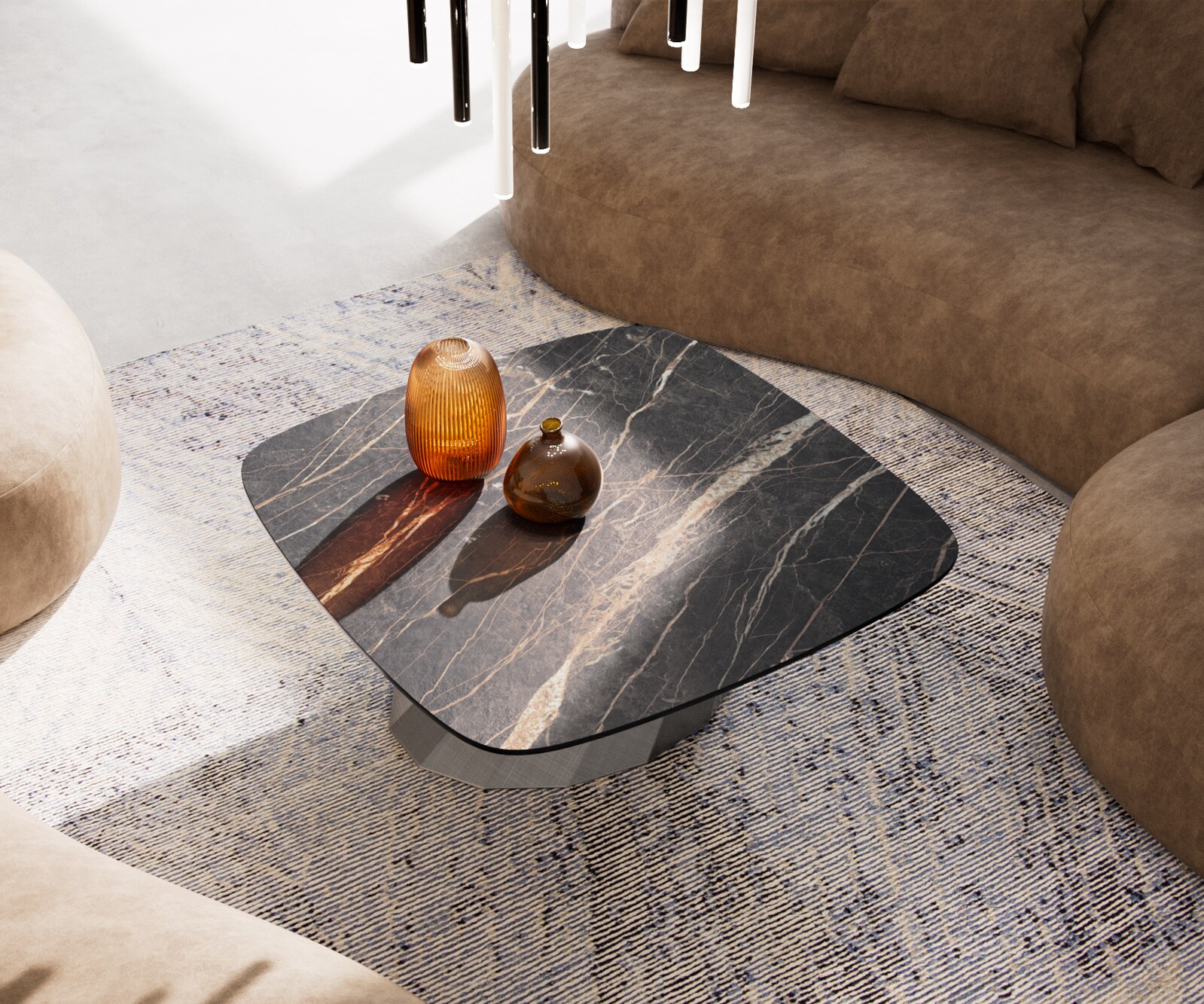 Wohnzimmertisch Edge Boot 90x90 cm Keramik Laminam® Noir Desir Braun Parabi Metallic Silber