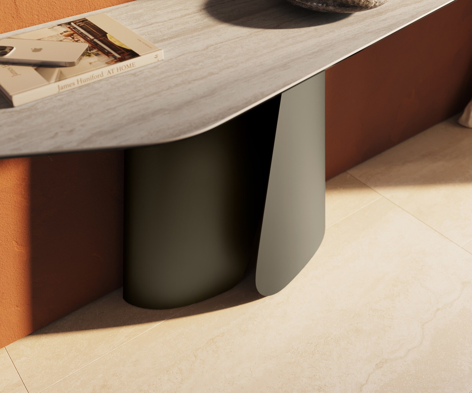 Konsolentisch Edge Polygonal 180x50 cm Keramik Laminam® Travertino Bianco Creme-Weiß Livos Metall Effektfinish Titan 5