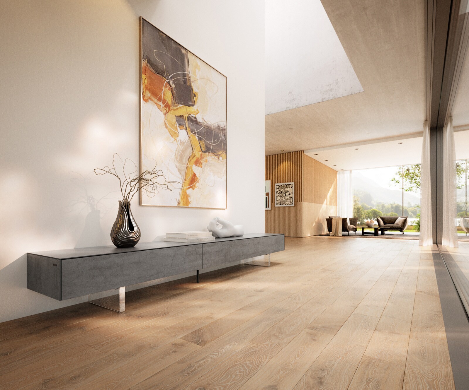 Lowboard Cuor 250 cm Keramik Beton Grau 1 Klappe 1 Schubfach Fuß Schwebeoptik Acrylglas