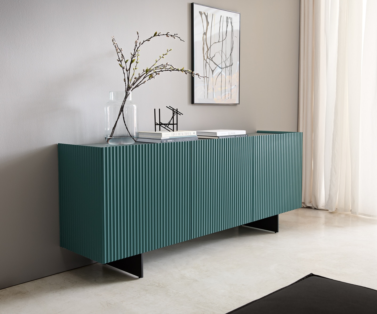 Sideboard Kelani 180 cm Petrol 3 Türen Fuß schwebend Metall Schwarz Sideboard Kelani 180 cm Petrol 3 Türen Fuß schwebend Metall Schwarz