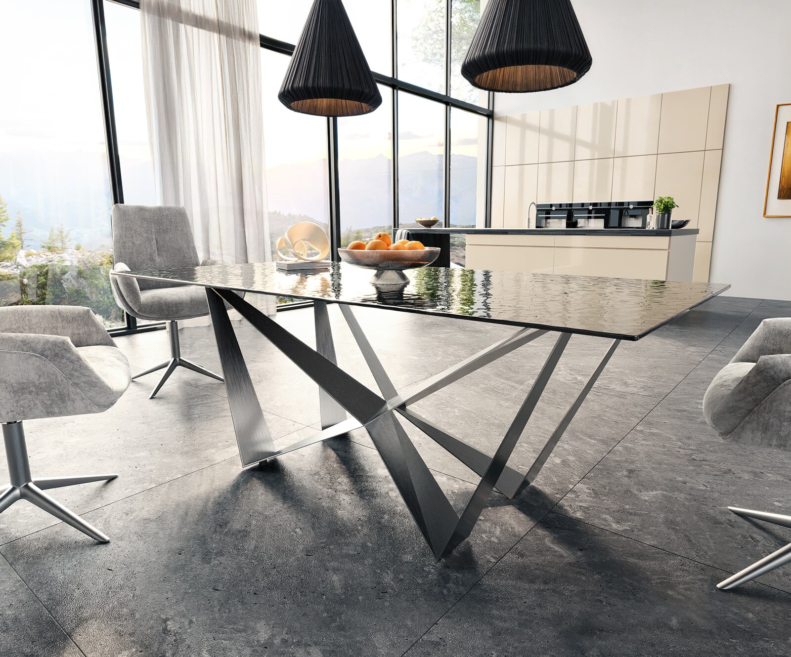 Esstisch Edge 200x100 Reliefglas Rauchschwarz 3D-Design Spider Flachstahl Edelstahl 3