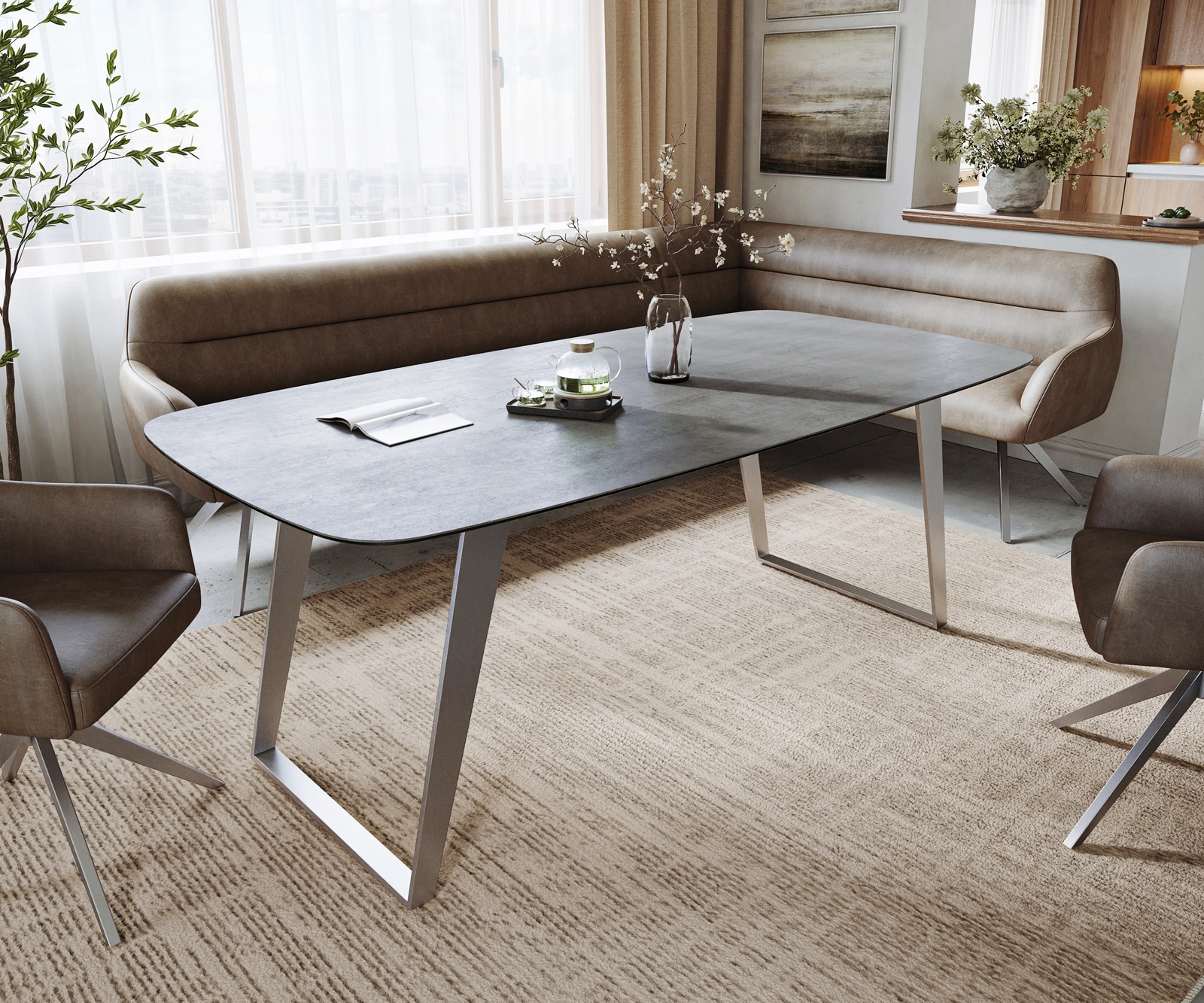 Esstisch Edge Boot 200x100 cm Keramik Beton Grau Edelstahl Schräg