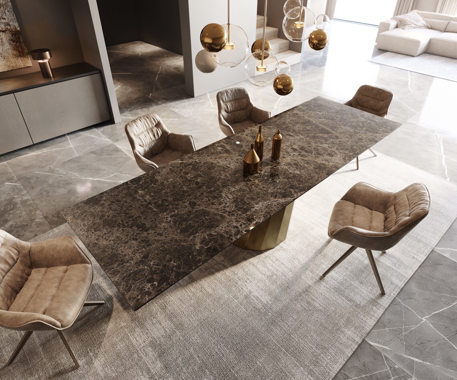 Esstisch Edge 300x100 Keramik Laminam® Emperador Extra Lucidato Dunkelbraun Parabel Metallic Gold 3