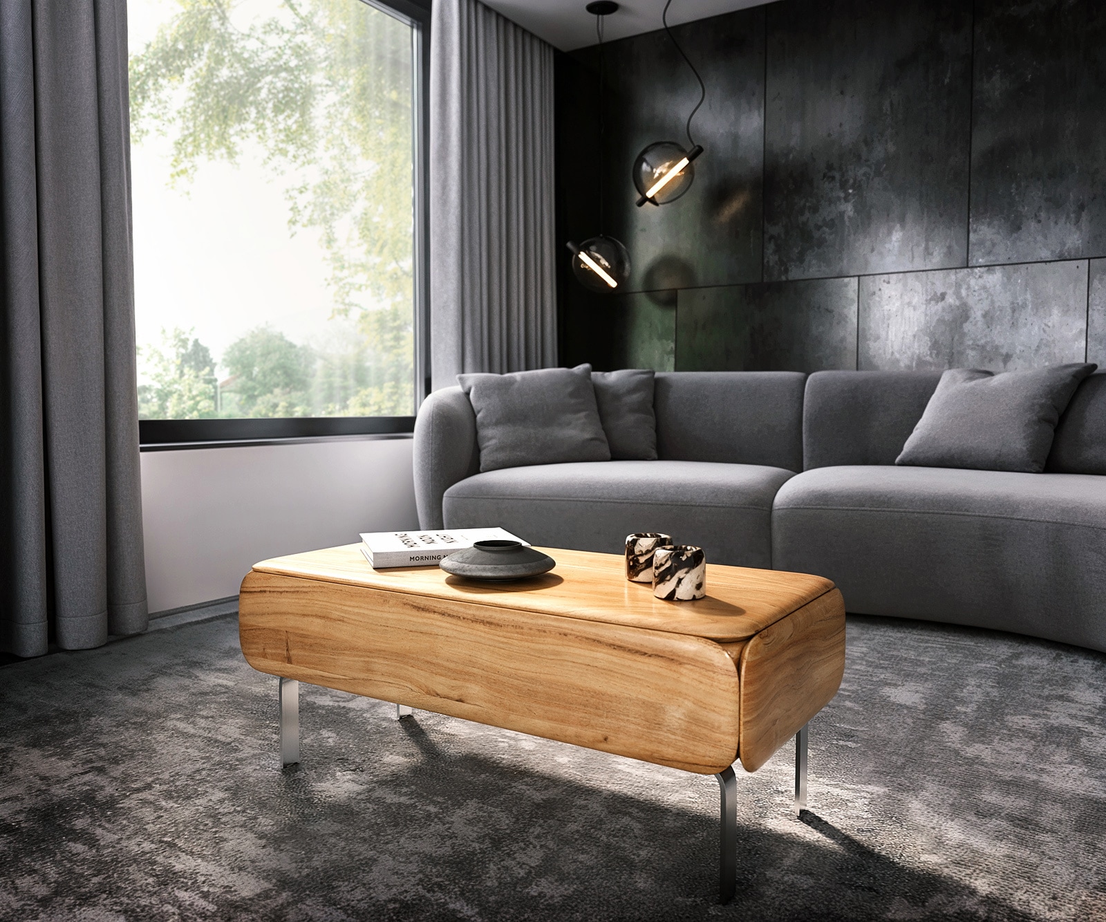 Couchtisch Shavani 100x50 cm Akazie Natur 1 Schublade L-Fuß Edelstahl Silber Couchtisch Shavani 100x50 cm Akazie Natur 1 Schublade L-Fuß Edelstahl Silber
