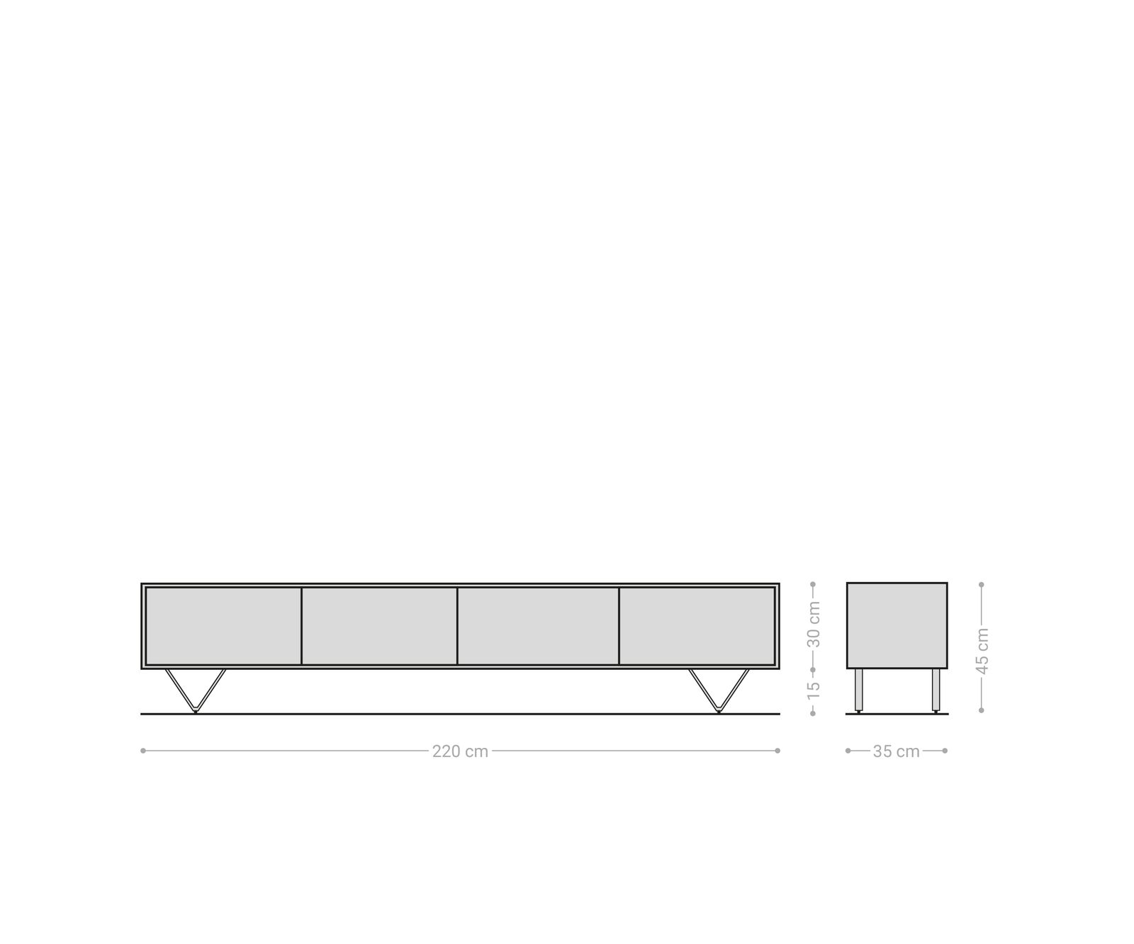 Lowboard Kleo 220 cm Akazie Natur 4 Türen V-Fuß Edelstahl 8