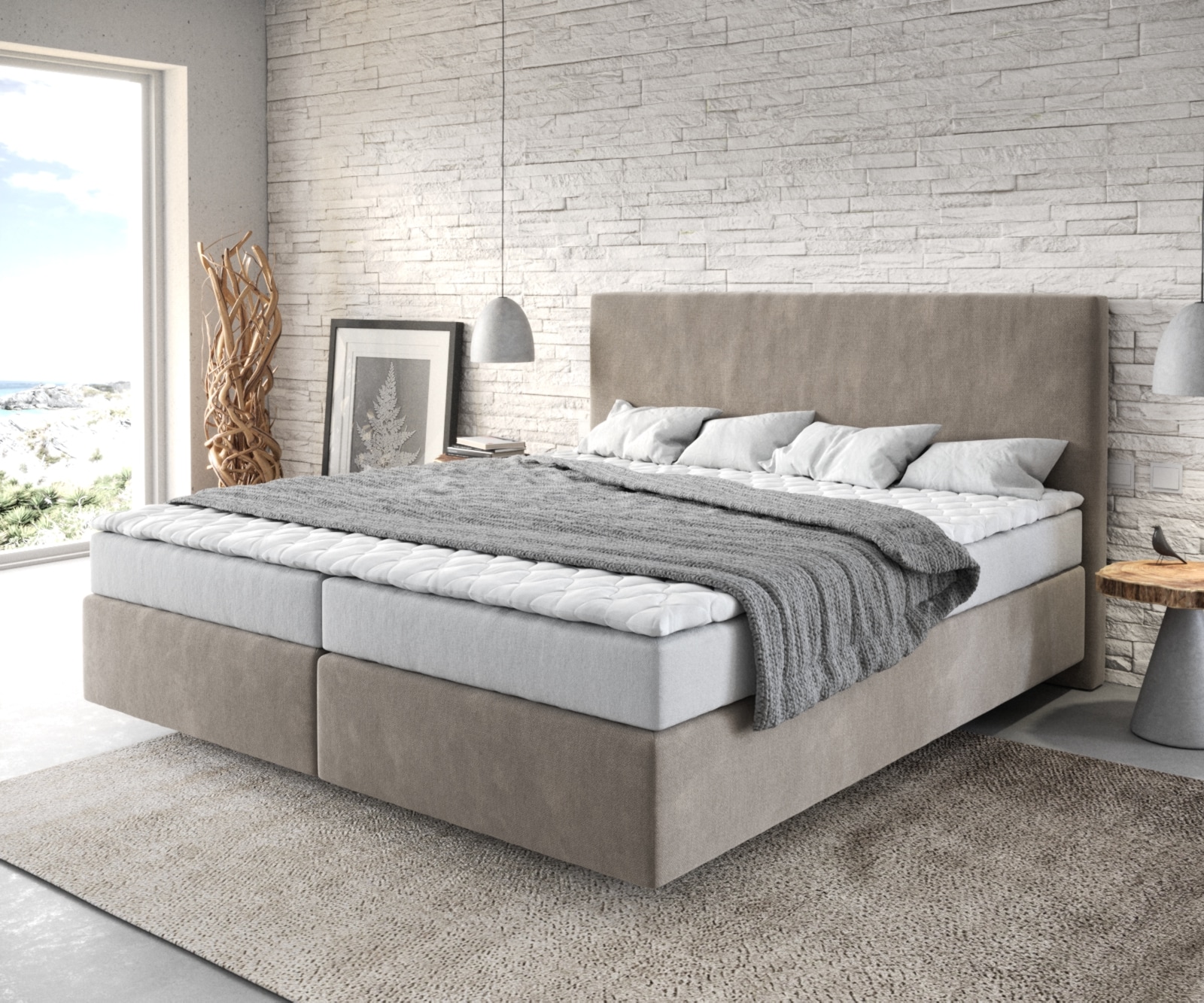 Boxspringbett Dream-Well 180x200 cm Mikrofaser Beige mit Matratze und Topper 1