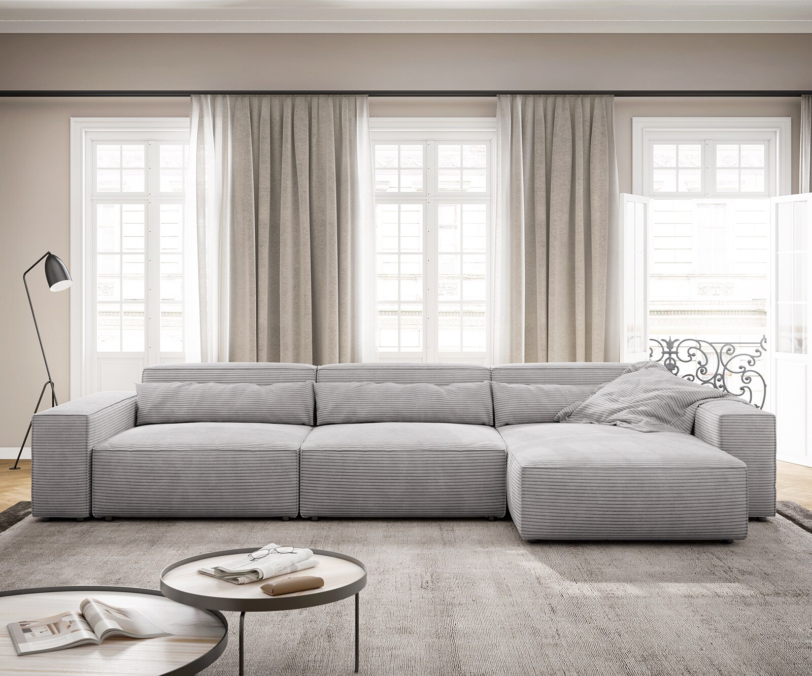 Ecksofa Sirpio XL 370x170 cm Cord Silbergrau Recamiere variabel 1