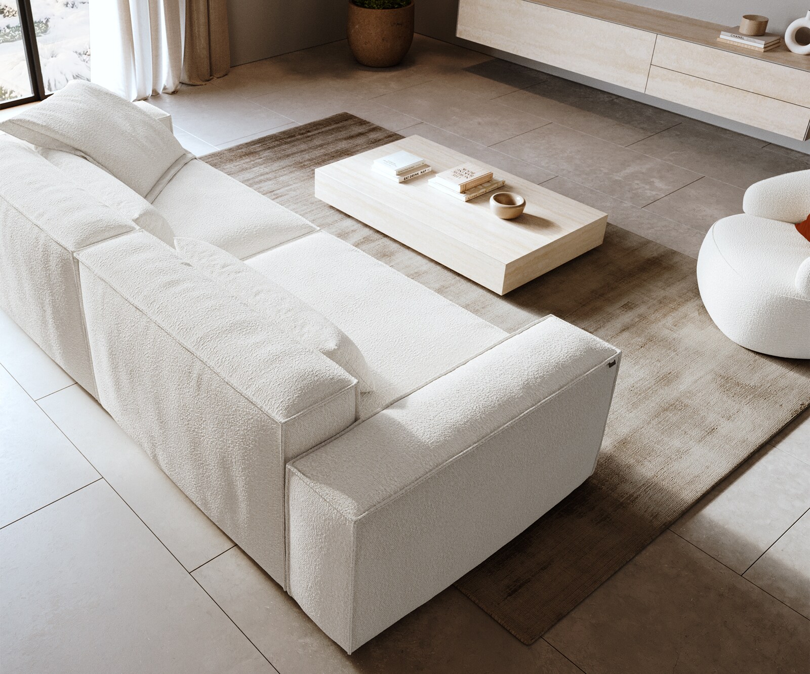 Big-Sofa Freestyle 280x110 cm Bouclé Creme-Weiß Kedernaht 3