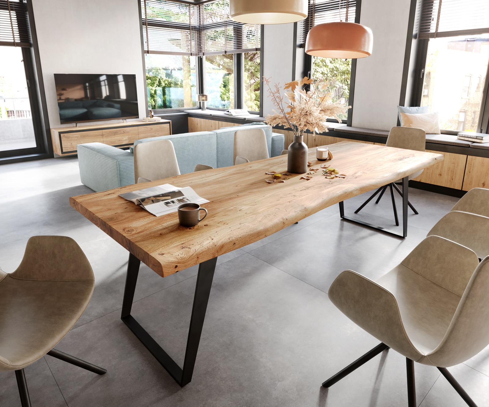 Esstisch Edge 260x100 XL Akazie Natur Metall Schräg Live-Edge günstig online kaufen