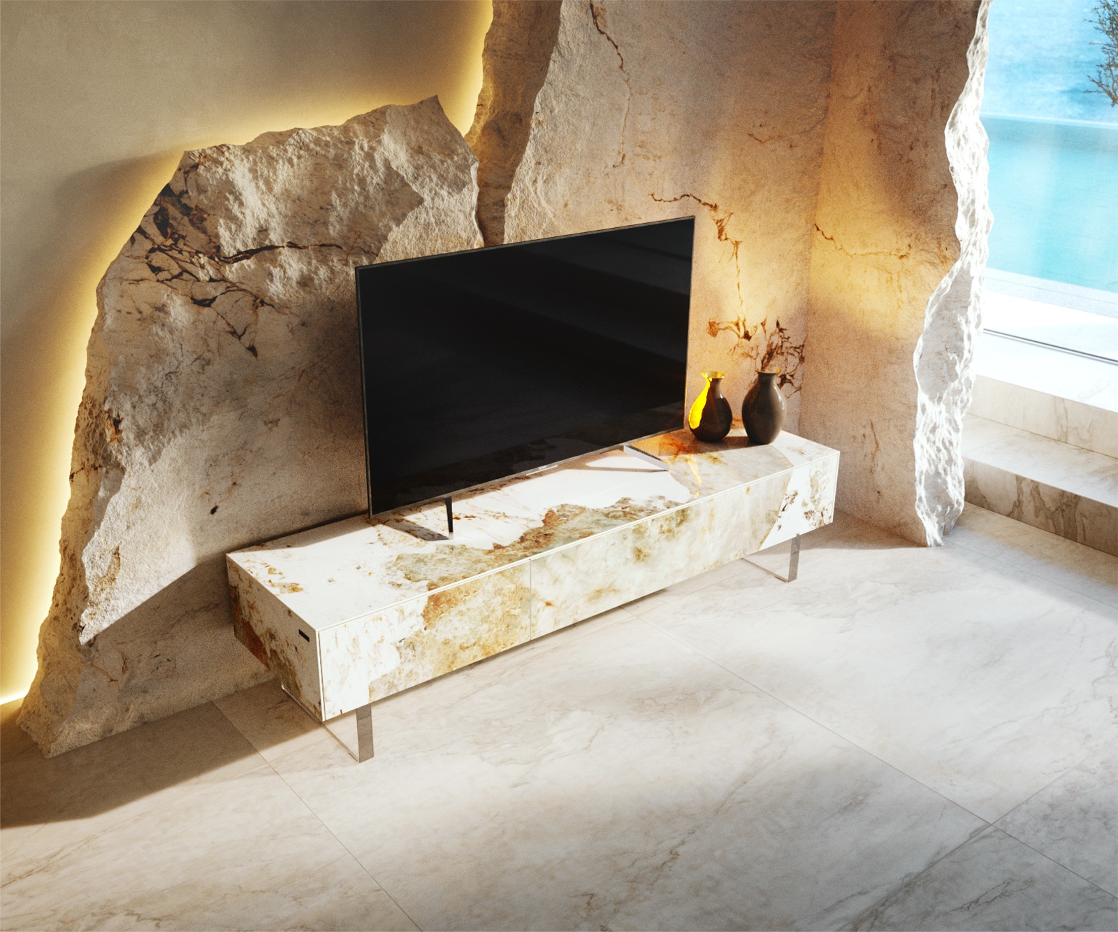 Lowboard Cuor 150 cm Keramik Minas Melange Weiß-Beige 1 Klappe 1 Schubfach Fuß Schwebeoptik Acrylglas 3 Lowboard Cuor 150 cm Keramik Minas Melange Weiß-Beige 1 Klappe 1 Schubfach Fuß Schwebeoptik Acrylglas 3