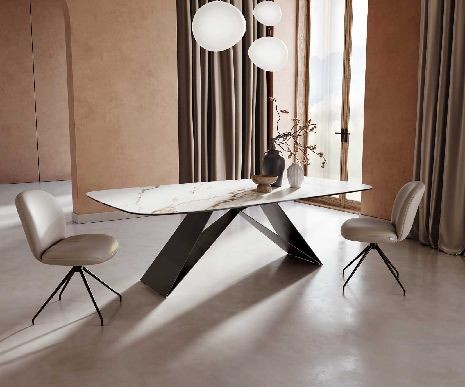 Esstisch Edge Boot 240x120 Keramik Calacatta Luxe Weiß-Gold-Grau V-Gestell Flachstahl Schwarz 2