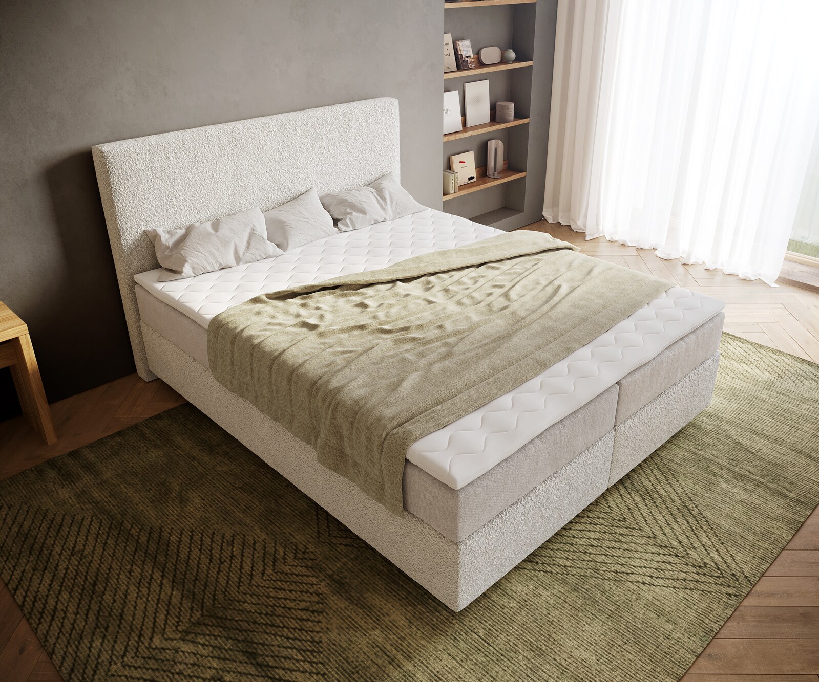 Boxspringbett Dream-Well 160x200 cm Bouclé Creme-Weiß mit Taschenfederkernmatratze und Topper Visco 3