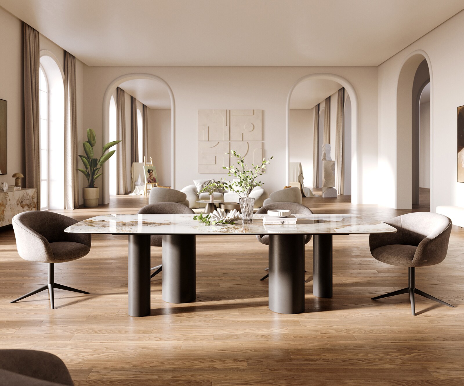 Esstisch Edge Boot 260x120 cm Keramik Minas Melange Weiß-Beige Pilier Metall Schwarz 2