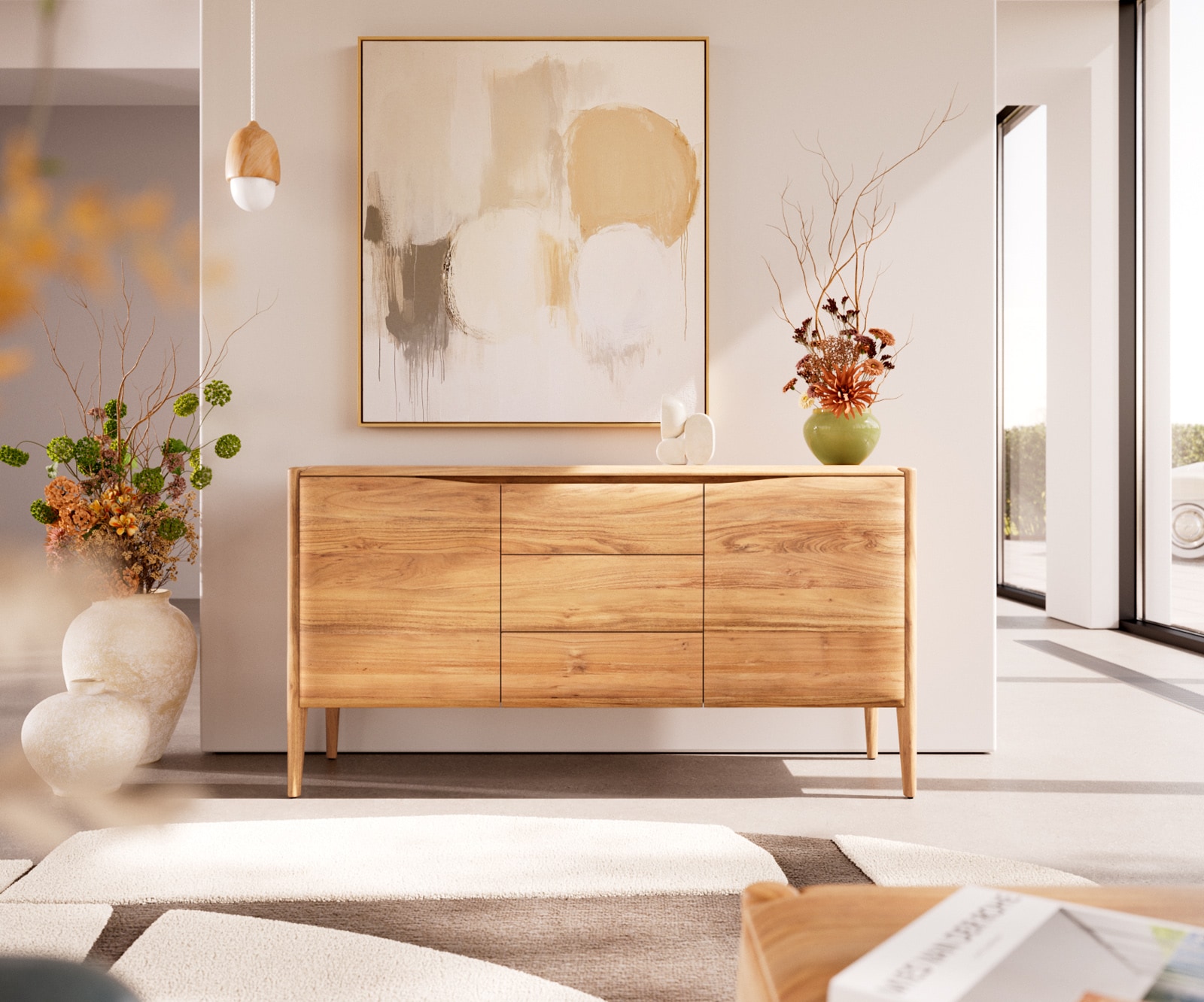 Kommode Simcha Akazie Natur 145 cm 2 Türen 3 Schubladen Sideboard