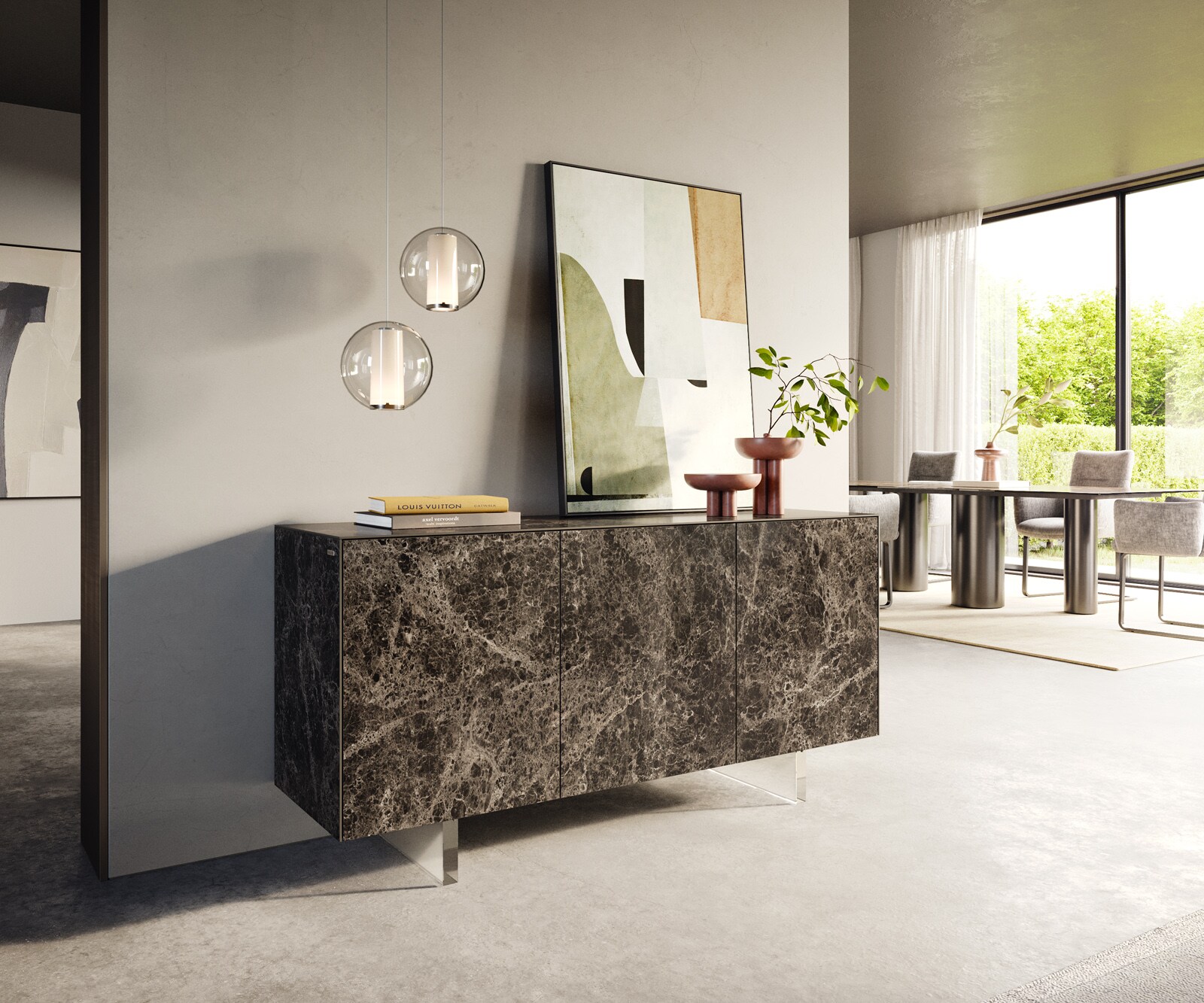 Sideboard Cuor 150 cm Keramik Laminam® Emperador Extra Lucidato Dunkelbraun 3 Türen Fuß Schwebeoptik Acrylglas
