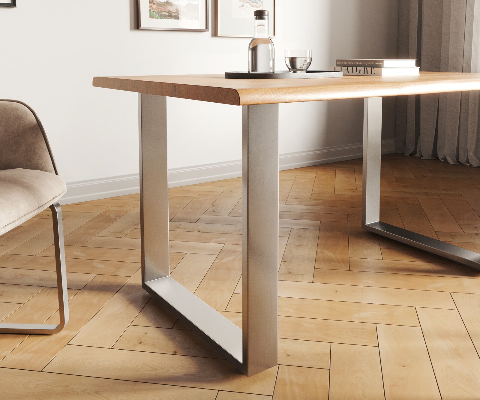 Esstisch Edge 140x90 Akazie Natur Edelstahl Schmal Live-Edge 5