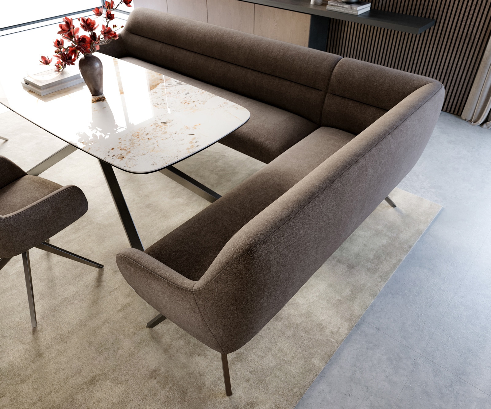 Esszimmerbank Taya-Flex 285x190 cm Strukturstoff Soft Taupe Kreuzgestell kantig Graphit Taschenfederkern Rechts 3