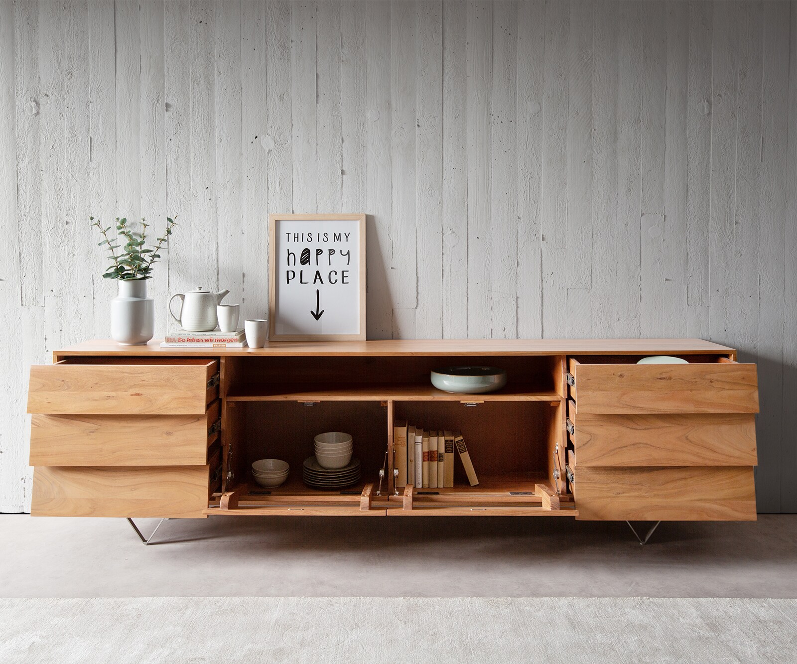 Sideboard Eloi 240x40 cm Akazie Natur 2 Türen 6 Schubladen V-Fuß Edelstahl 3
