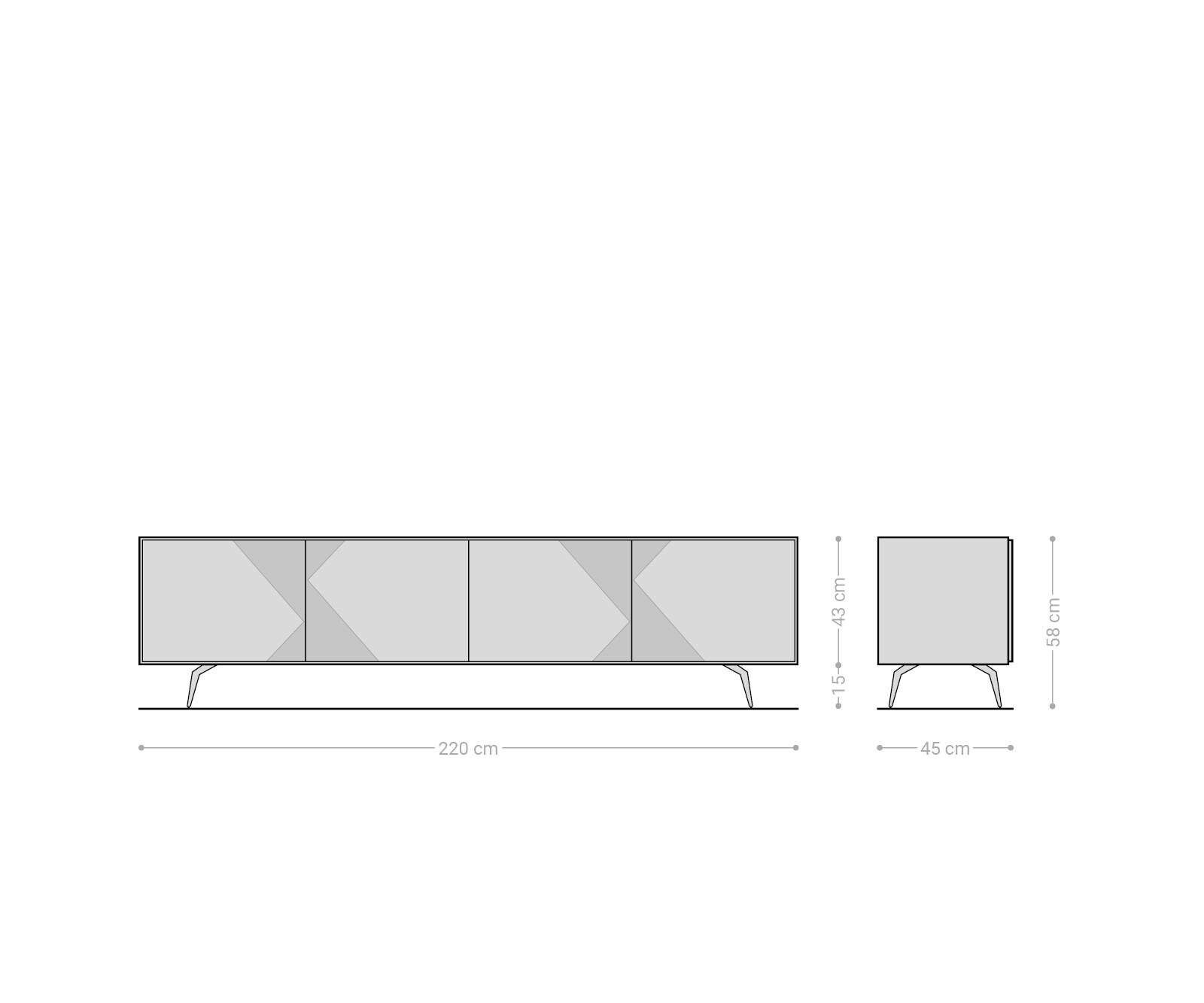 Lowboard Tereos 220 cm Eiche Natur 3D Effekt 4 Türen Winkelfuß Edelstahl gebürstet 6