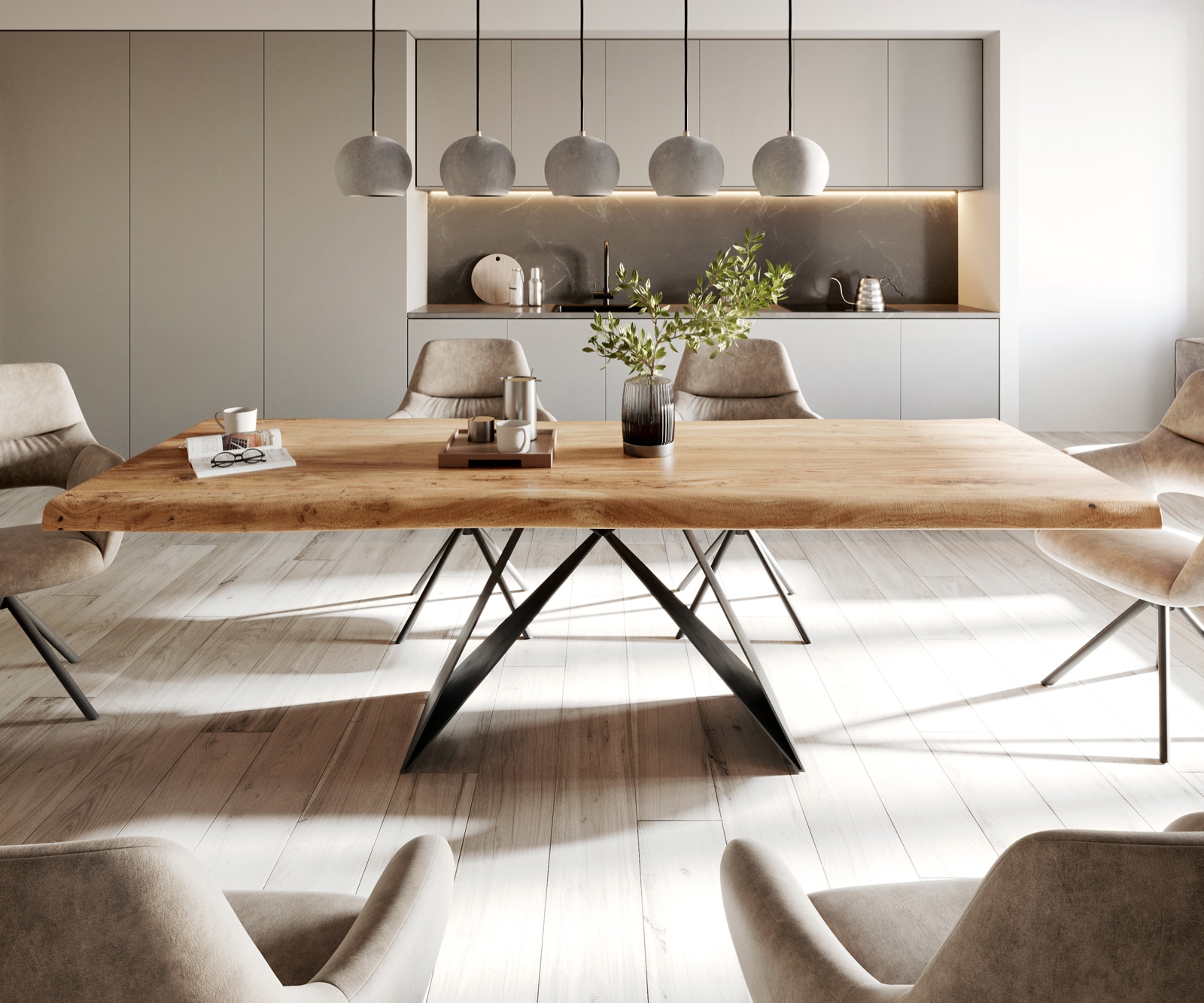 Esstisch Edge 260x100 XL Akazie Natur V-Gestell Flachstahl Schwarz Live-Edge 1 Esstisch Edge 260x100 XL Akazie Natur V-Gestell Flachstahl Schwarz Live-Edge 1