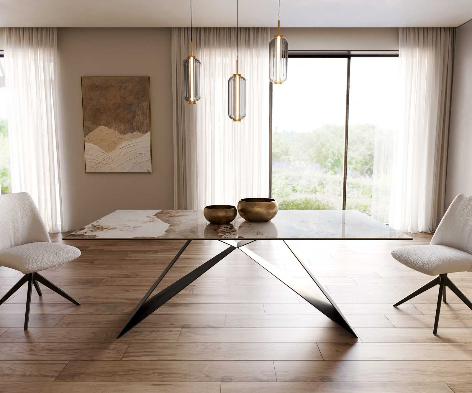 Esstisch Edge 200x100 Keramik Minas Melange Weiß-Beige V-Gestell Flachstahl Schwarz 1