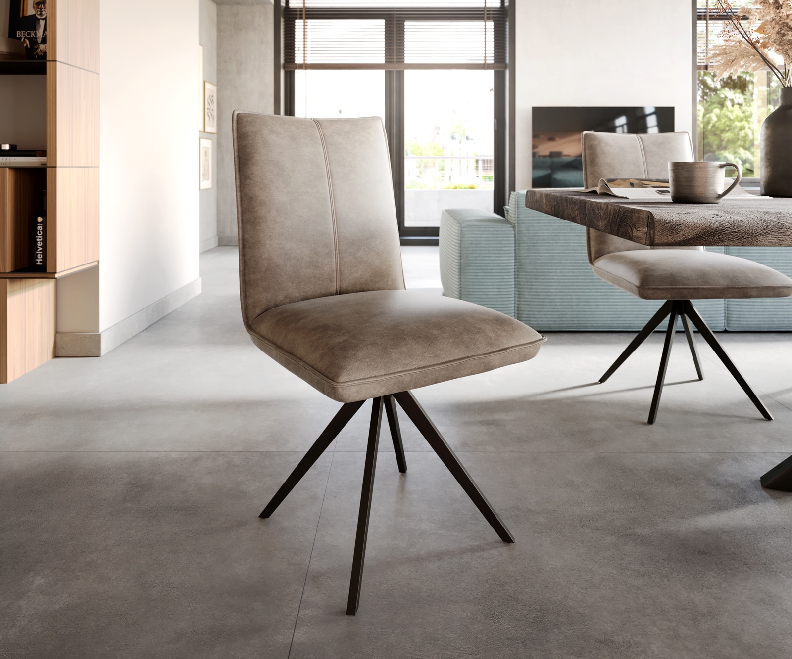 Esszimmerstuhl Lelio-Flex Mikrofaser Taupe Vintage Kreuzgestell breit Schwarz Taschenfederkern 1