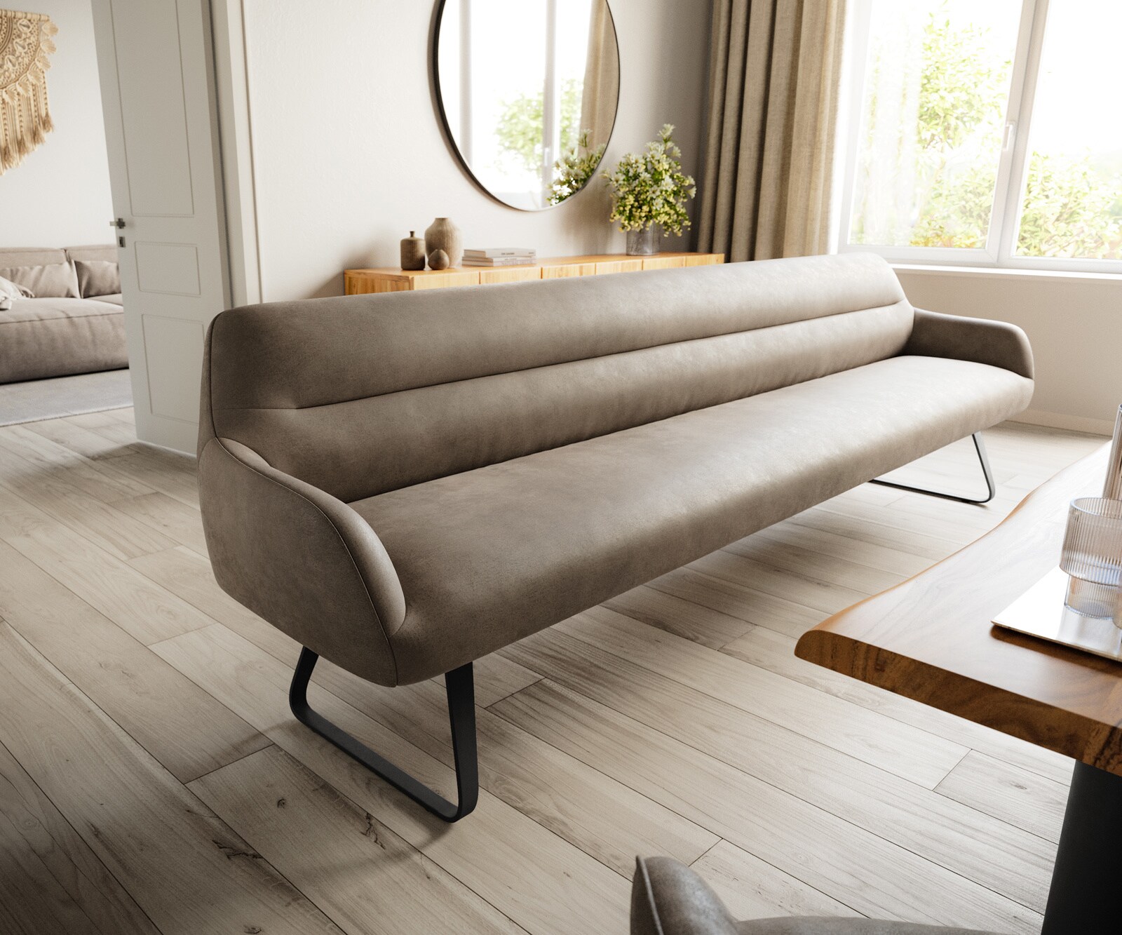 Esszimmerbank Taya-Flex 300 cm Mikrofaser Taupe Vintage Kufengestell flach Schwarz Taschenfederkern