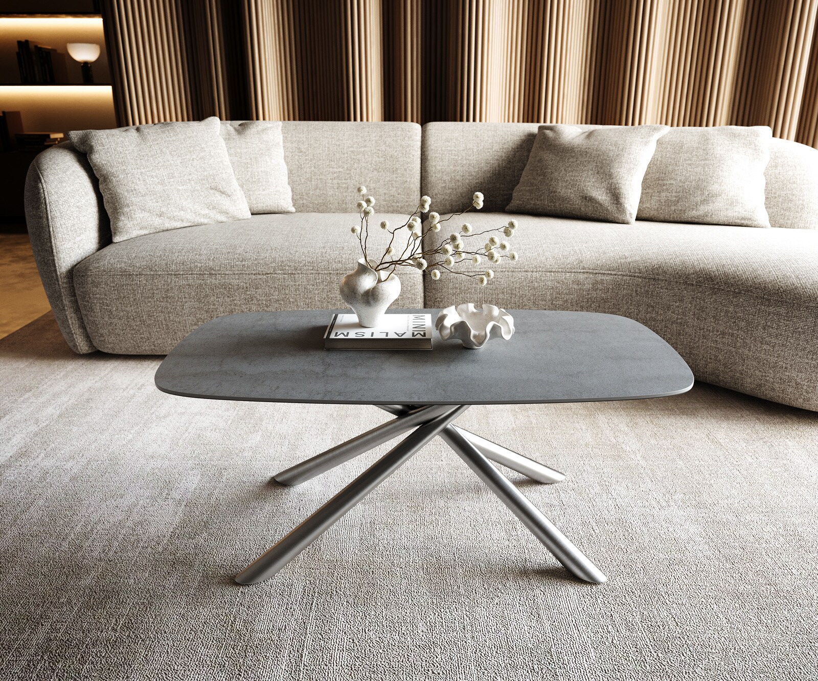 Couchtisch Edge Boot 100x50 cm Keramik Beton Grau Sarity Edelstahl gebürstet 1
