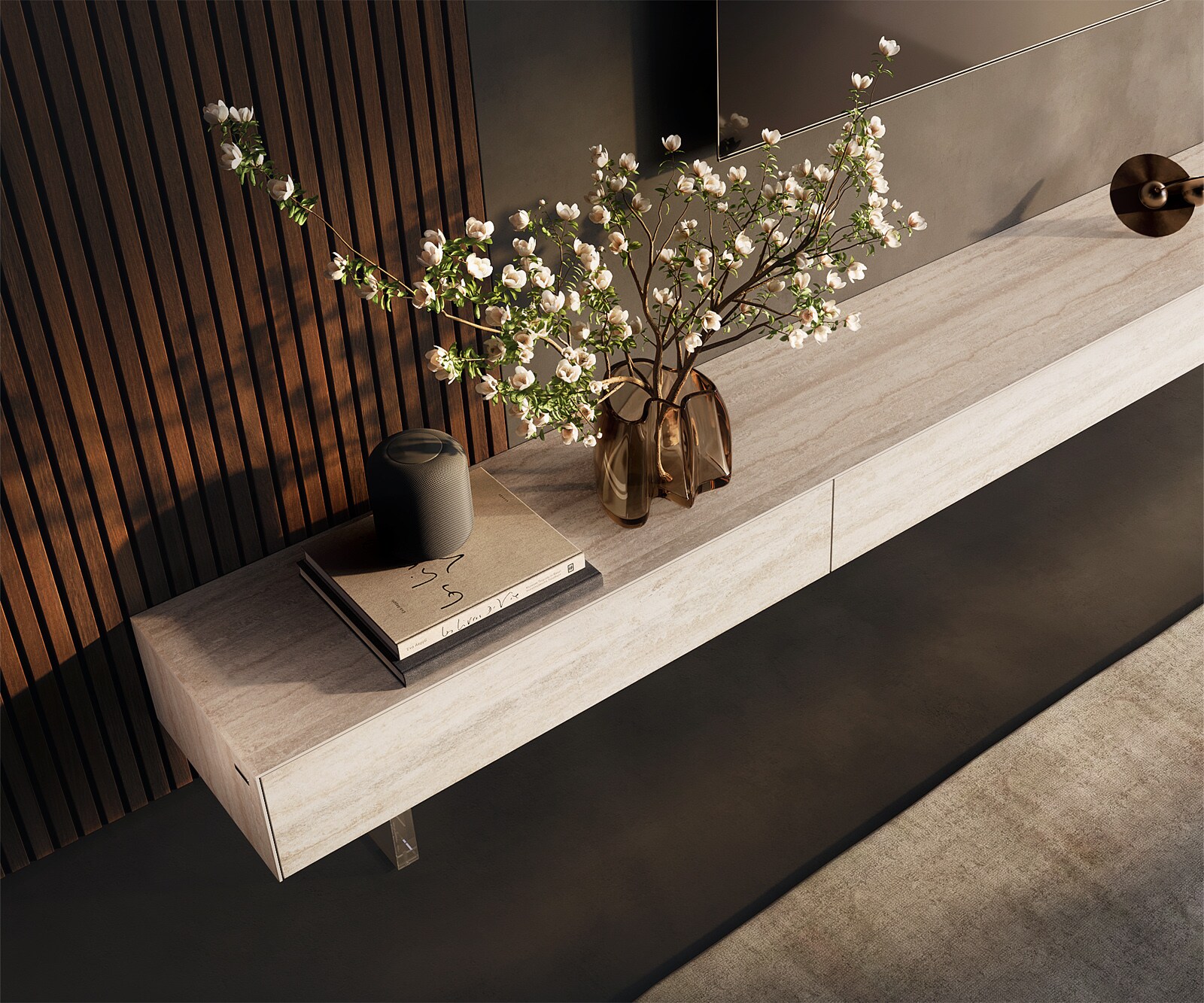 Lowboard Cuor 250 cm Keramik Laminam® Travertino Bianco Creme-Weiß 1 Klappe 1 Schubfach Fuß Schwebeoptik Acrylglas 3