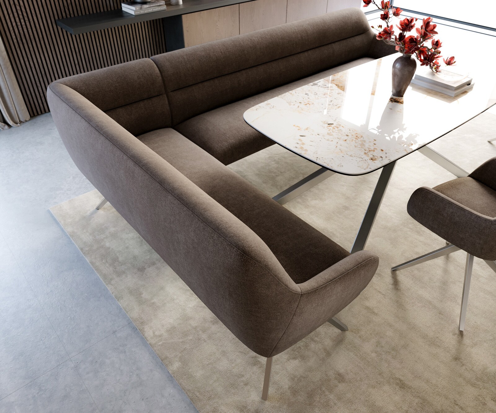 Esszimmerbank Taya-Flex 285x190 cm Strukturstoff Soft Taupe Kreuzgestell kantig Edelstahl Taschenfederkern Links 4