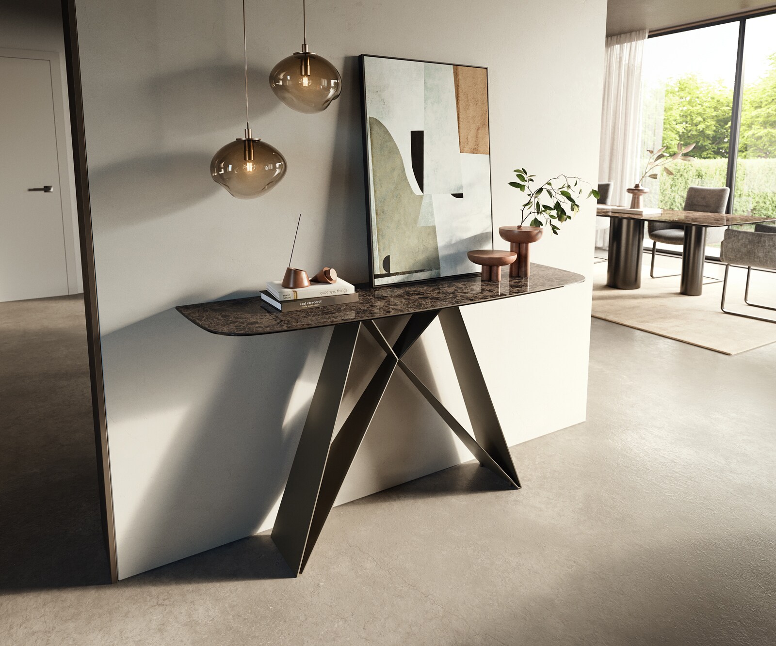 Konsolentisch Edge Boot 140x40 cm Keramik Emperador Extra Lucidato Dunkelbraun Velio Metall Effektfinish Titan 3