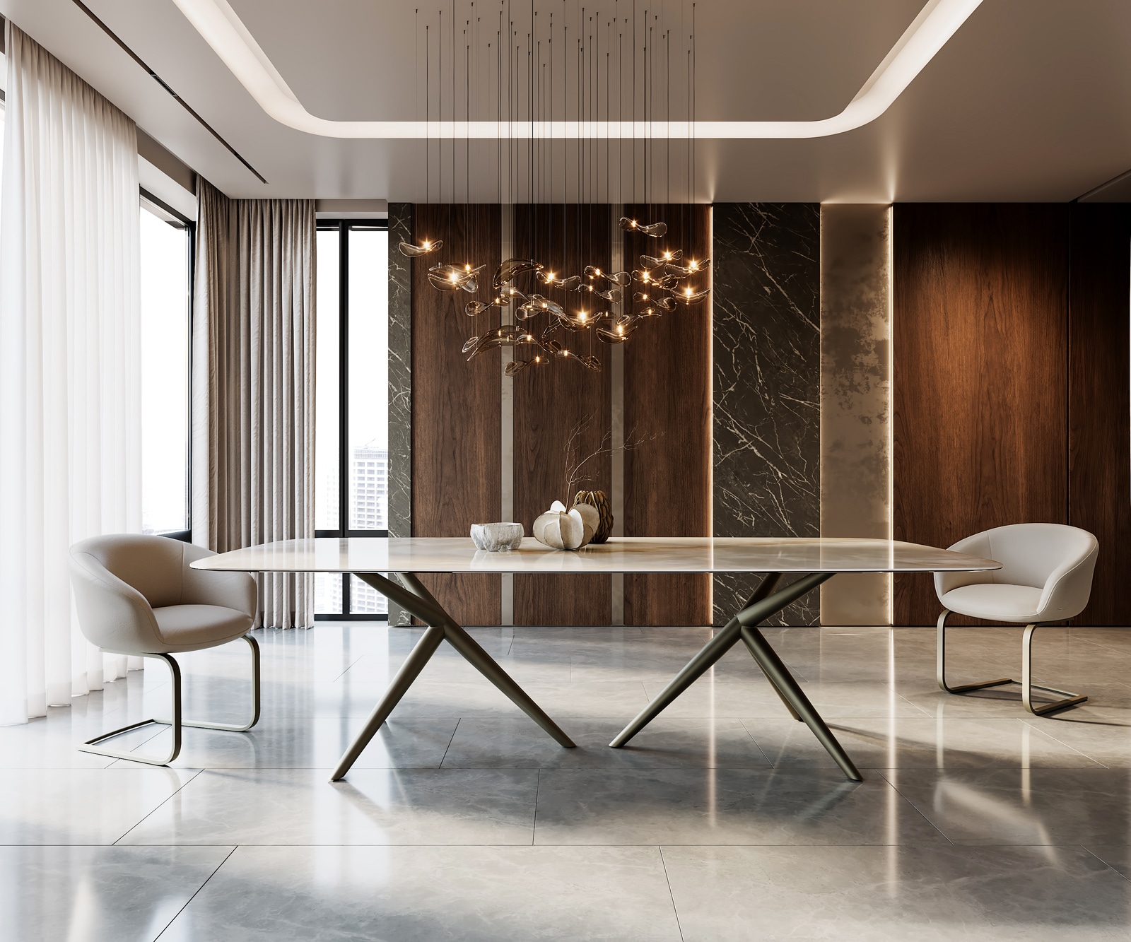 Esstisch Edge Boot 270x120 Keramik Iris FMG Onice Grigio Estelar rund Metall Effektfinish Titan 4