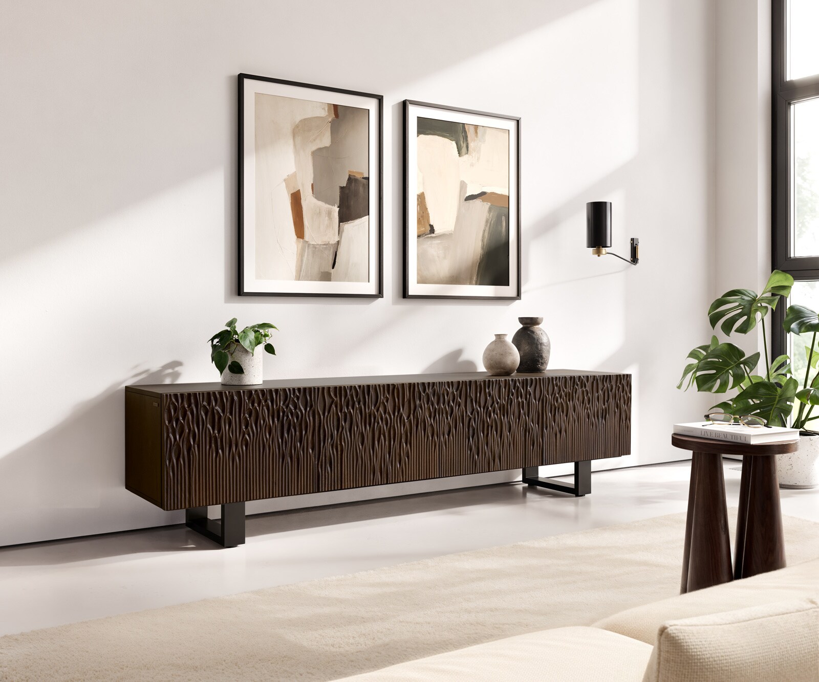 Lowboard Follia 200 cm Mango Braun 4 Türen Kufe Metall Schwarz 1