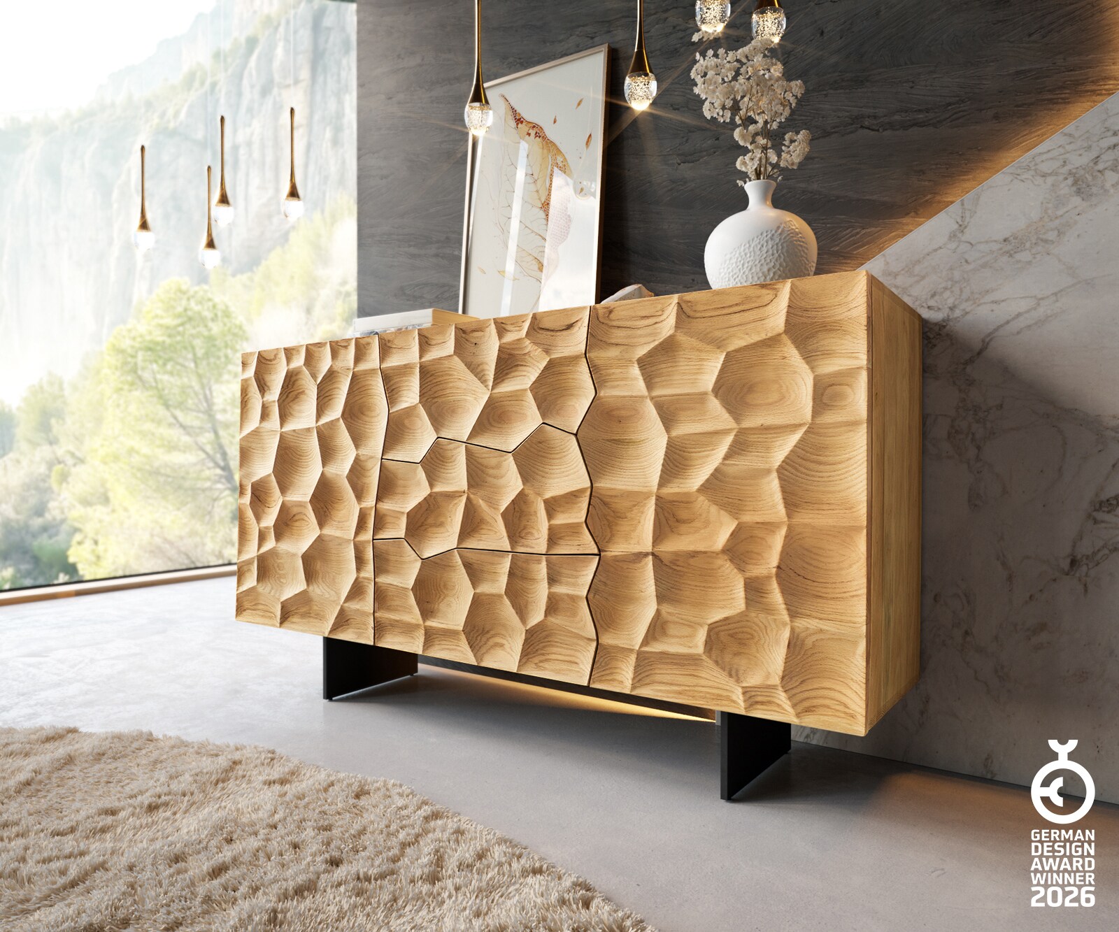 Sideboard Solu 145 cm Eiche Natur 2 Türen 3 Schübe Fuß schwebend Metall Schwarz 3D-Front