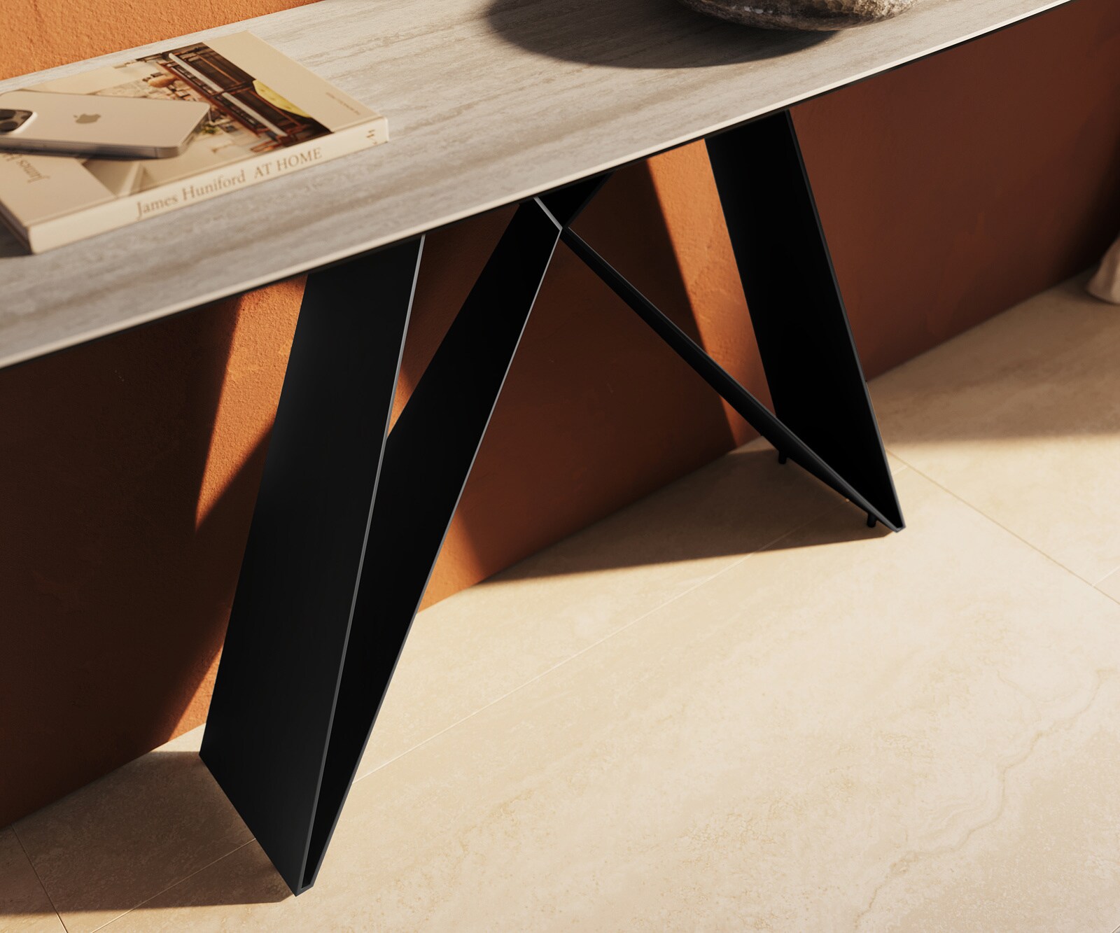 Konsolentisch Edge Boot 180x40 cm Keramik Laminam® Travertino Bianco Creme-Weiß Velio Metall Schwarz 5