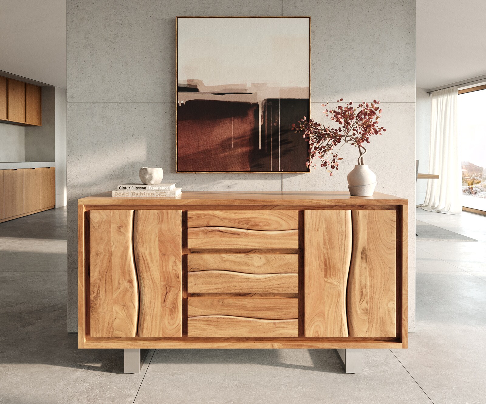 Sideboard Live-Edge 147 cm Akazie Natur 3 Schübe 2 Türen 1