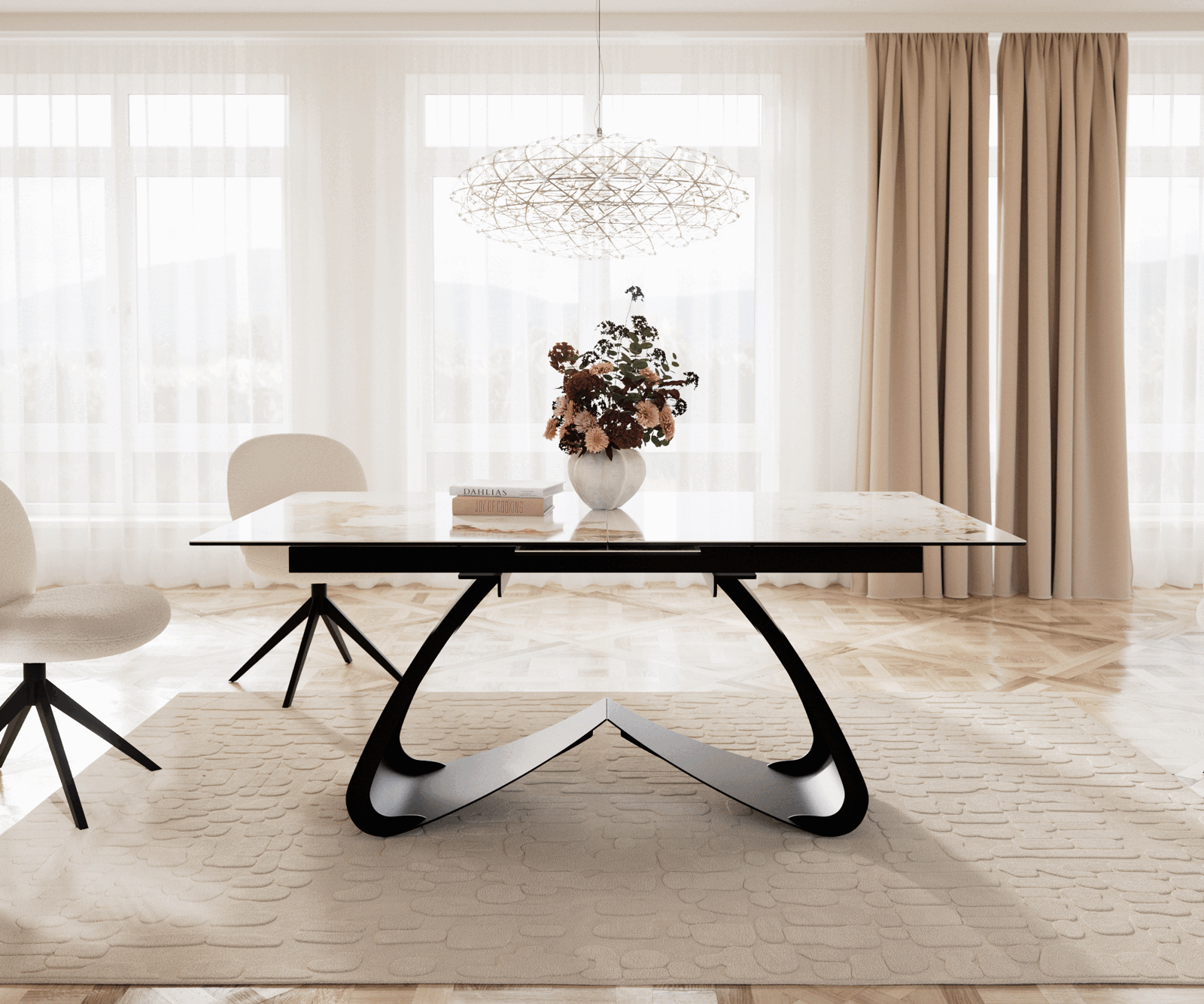 Esstisch Edge 180-220x100 Keramik Minas Melange Weiß-Beige W-Gestell Schwarz ausziehbar 1