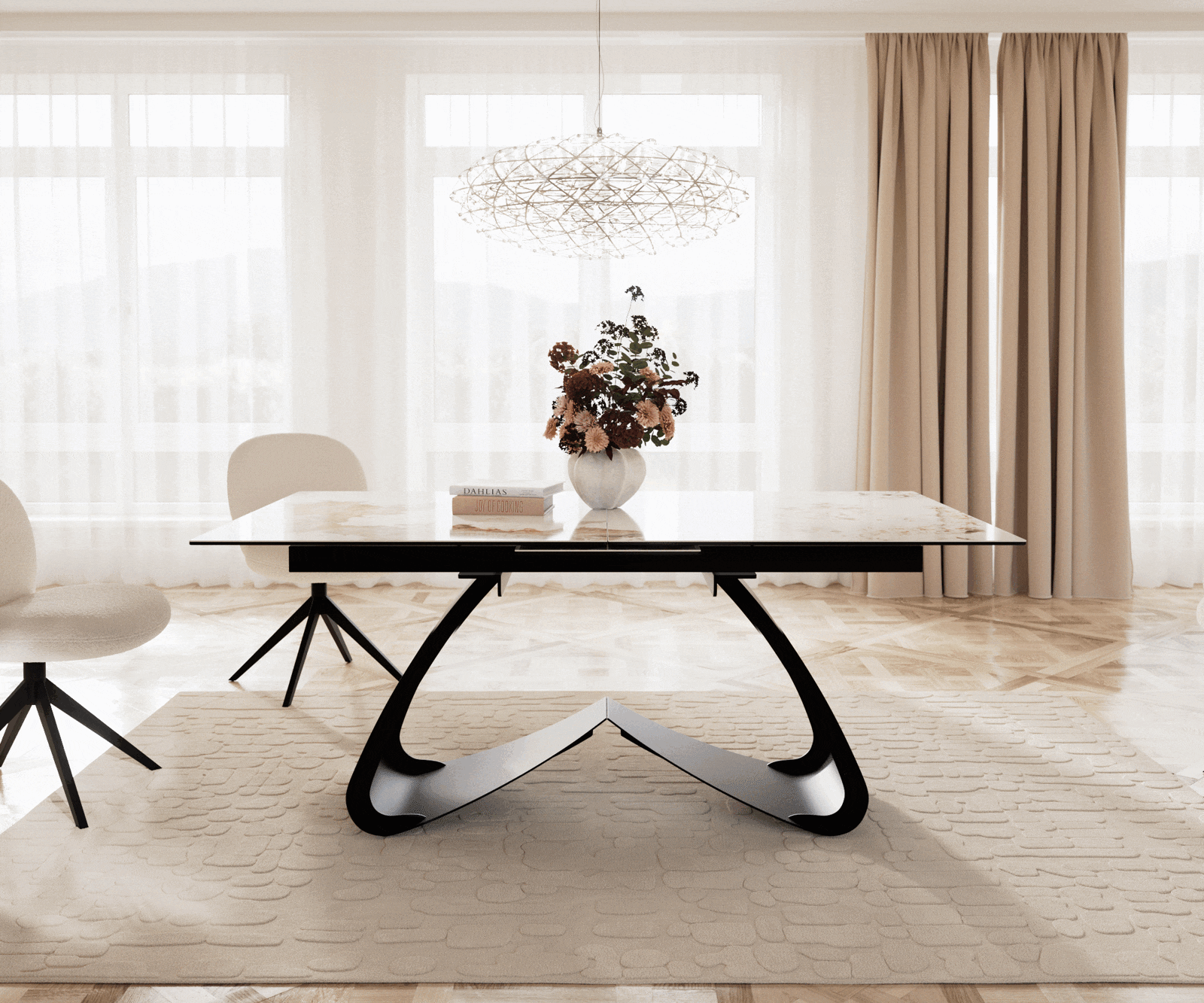 Esszimmertisch Edge Keramik Minas Melange Weiß-Beige 180-220x100 W-Gestell Schwarz ausziehbar